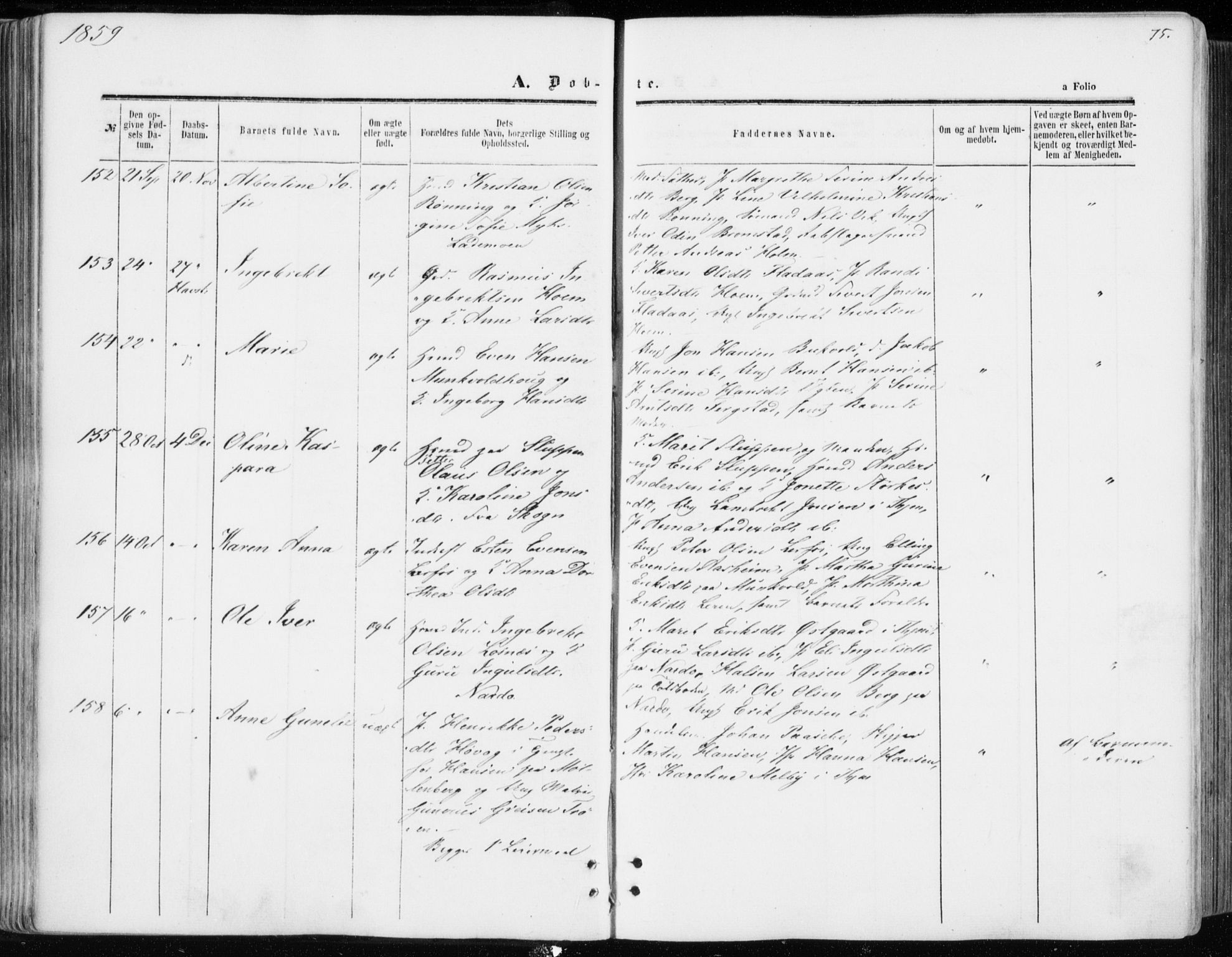 Ministerialprotokoller, klokkerbøker og fødselsregistre - Sør-Trøndelag, SAT/A-1456/606/L0292: Ministerialbok nr. 606A07, 1856-1865, s. 75