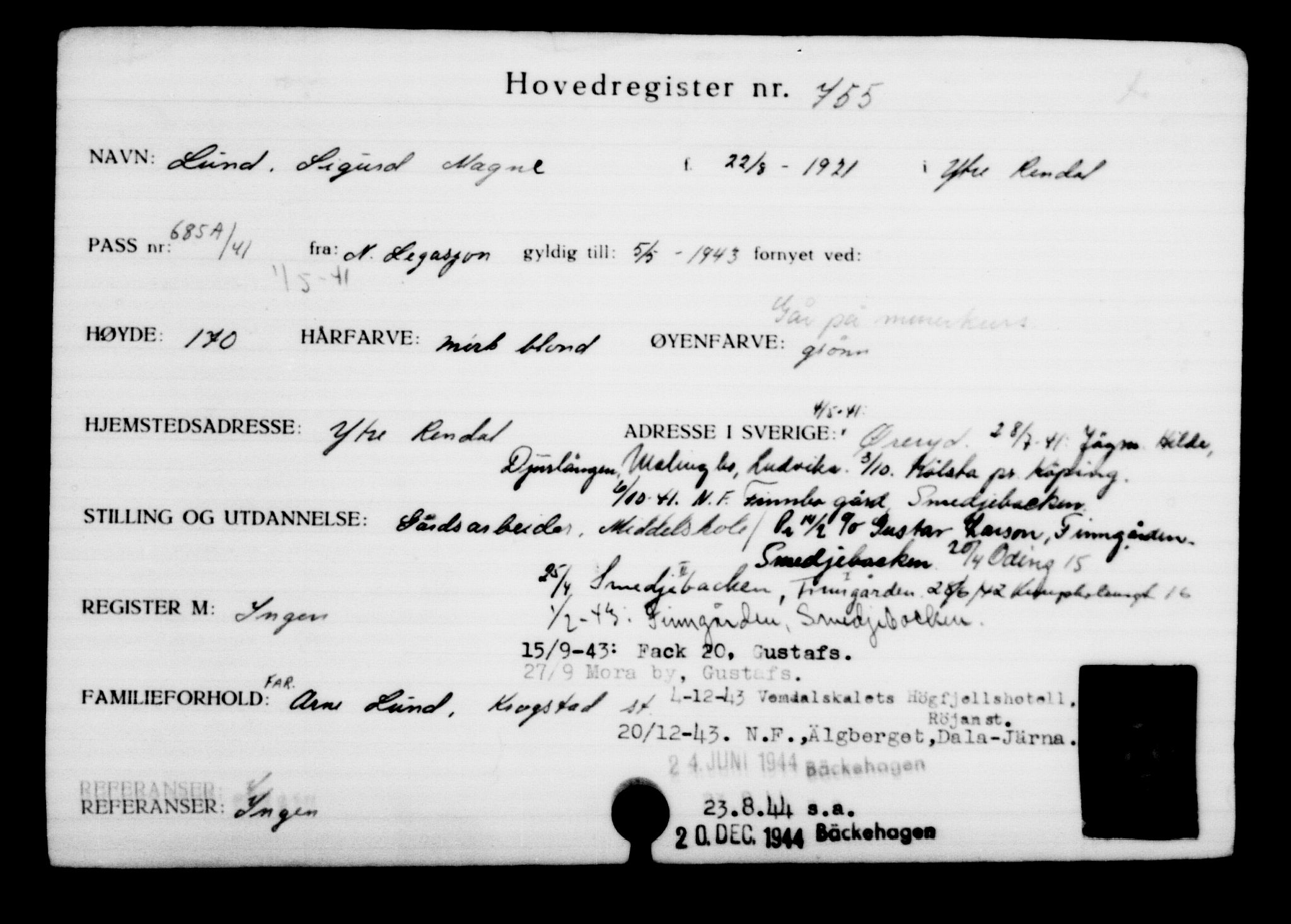 Utenriksstasjonene, Legasjonen i Stockholm, Flyktningkontoret, AV/RA-S-6753/V/Va/L0001: Kjesäterkartoteket, flyktninger med registreringsnr. 1-1000, 1940-1945, s. 1190