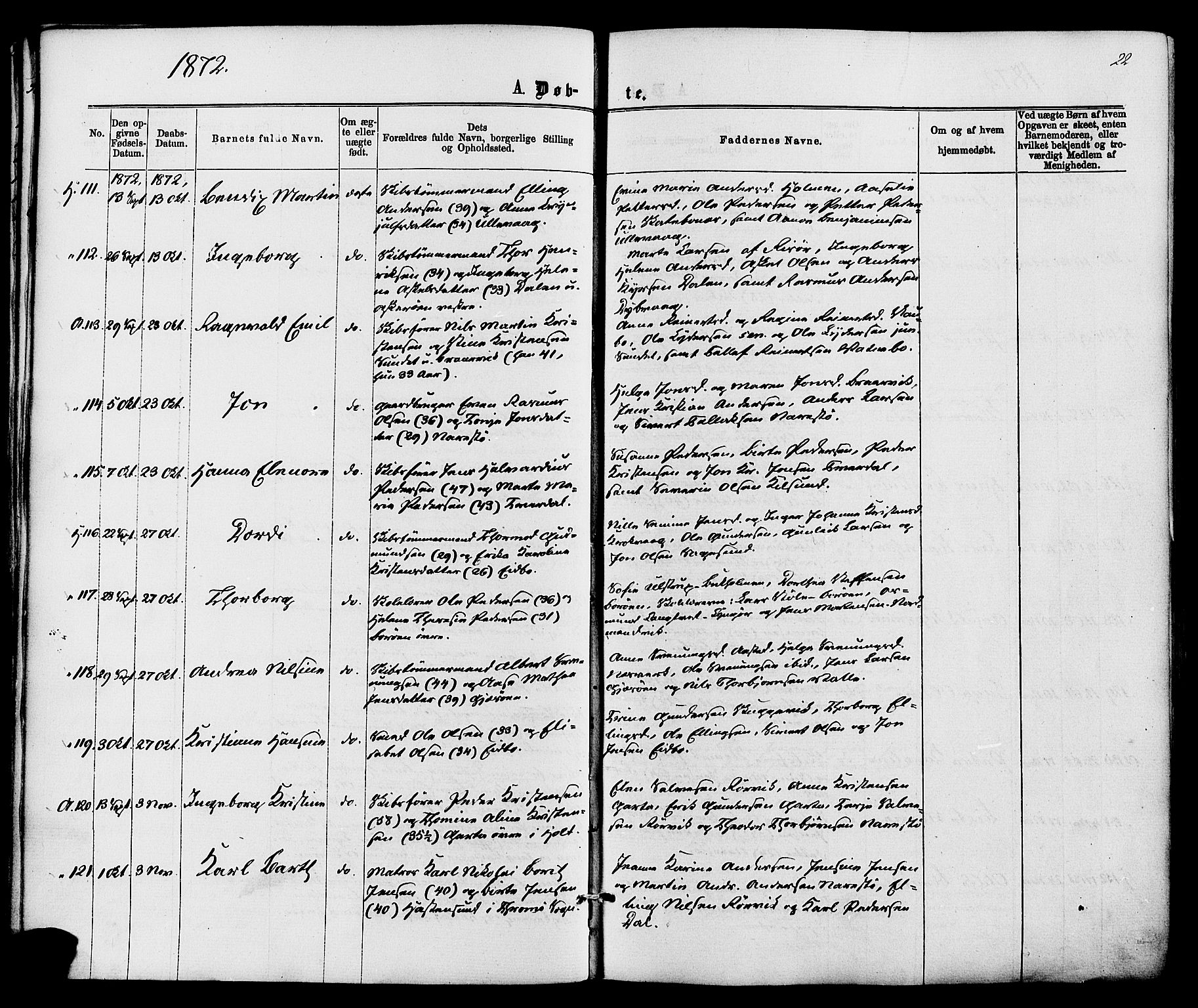 Dypvåg sokneprestkontor, AV/SAK-1111-0007/F/Fa/Faa/L0007: Ministerialbok nr. A 7/ 1, 1872-1884, s. 22