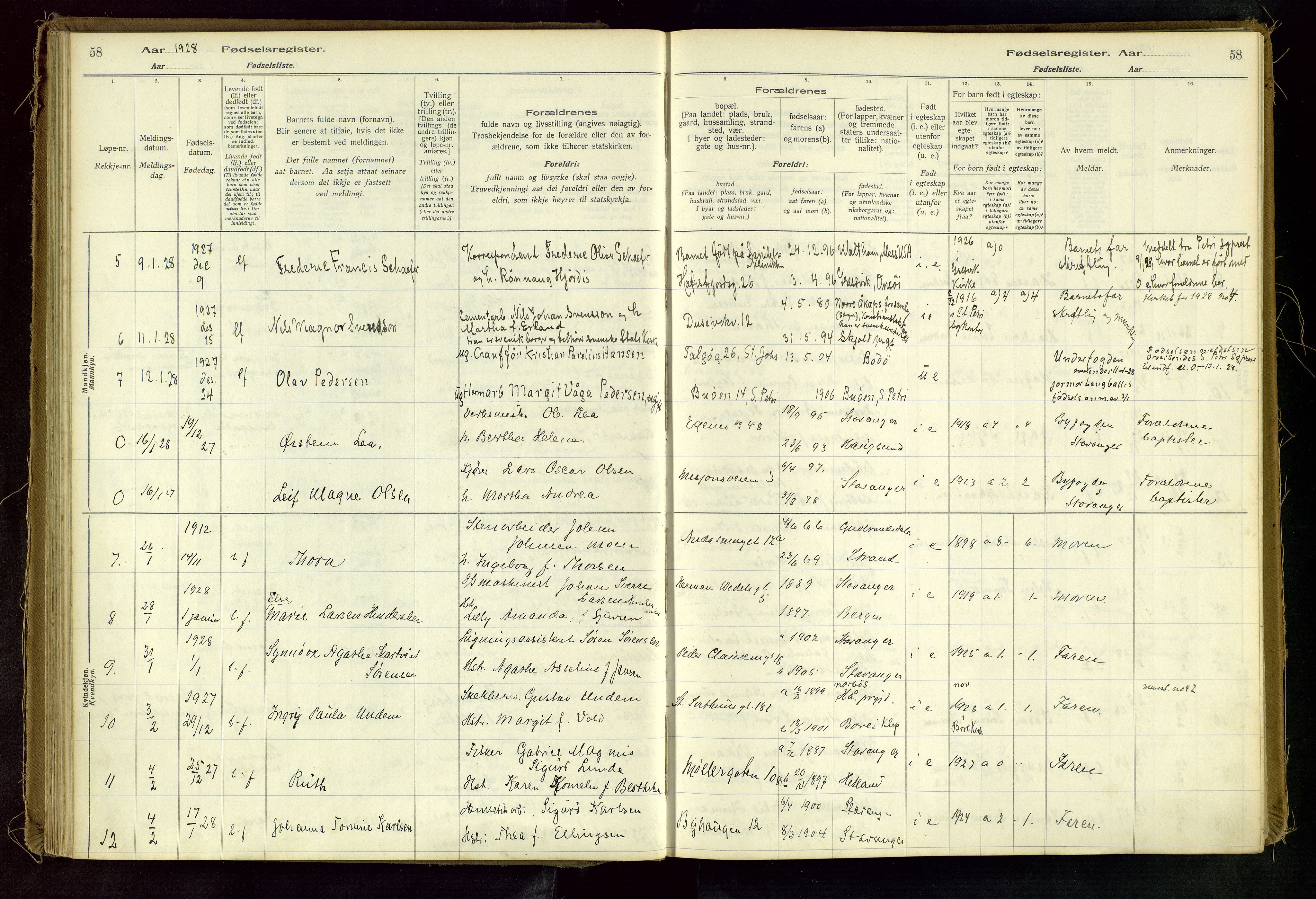 Domkirken sokneprestkontor, AV/SAST-A-101812/002/A/L0001: Fødselsregister nr. 1, 1925-1932, s. 58