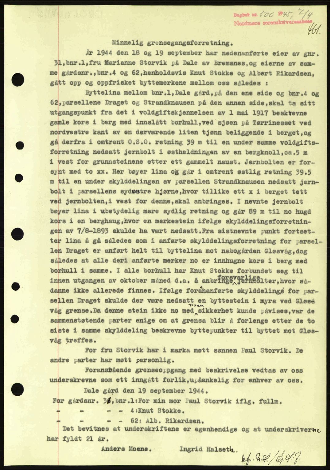 Nordmøre sorenskriveri, SAT/A-4132/1/2/2Ca: Pantebok nr. A99, 1945-1945, Dagboknr: 500/1945