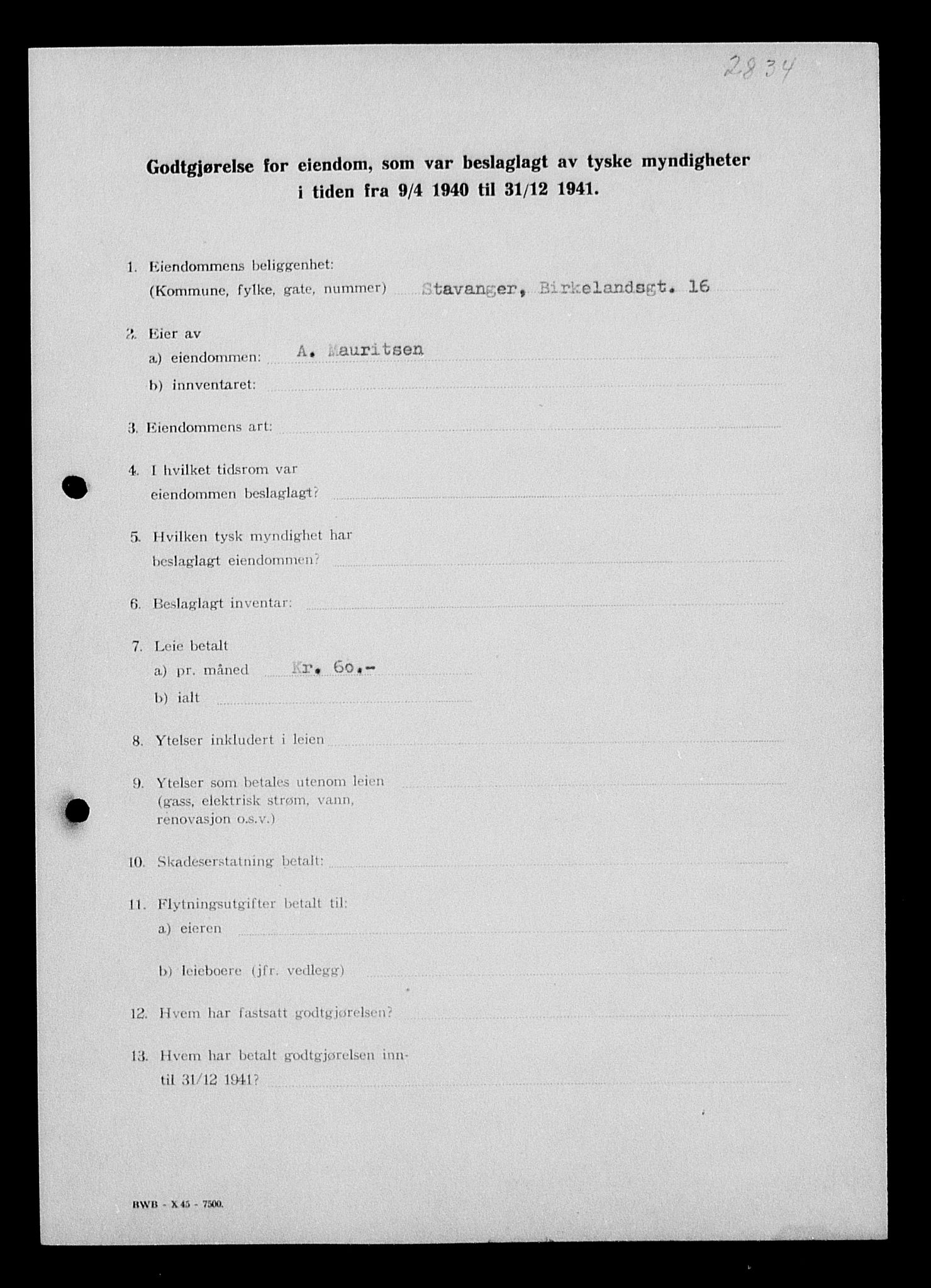Justisdepartementet, Tilbakeføringskontoret for inndratte formuer, AV/RA-S-1564/I/L1014: Godtgjørelse for beslaglagt eiendom, 1940-1941, s. 82