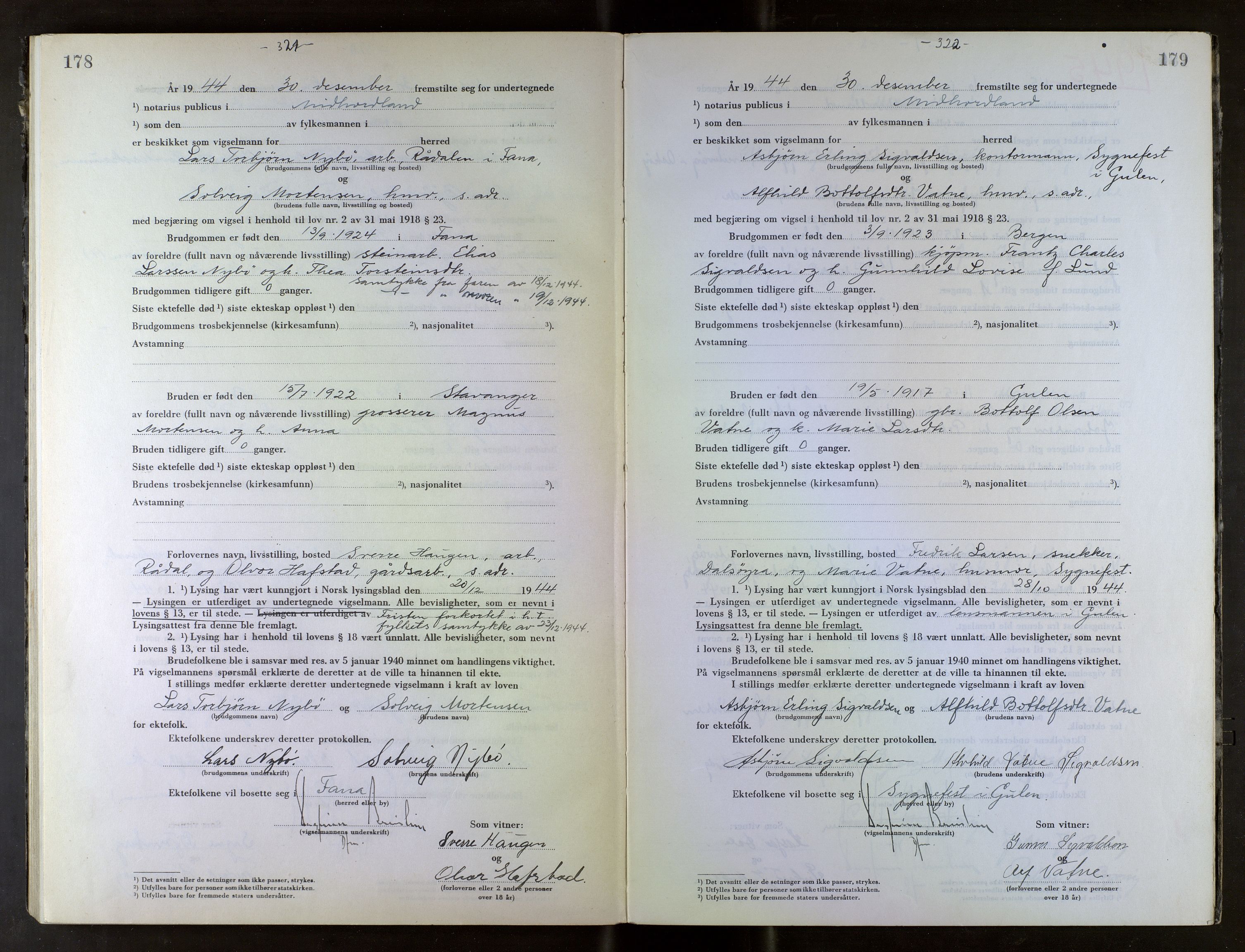 Midhordland sorenskriveri, AV/SAB-A-3001/1/M/Mc/Mca/L0006: Notarialbilag. Vigselbøker, 1944-1945, s. 178-179