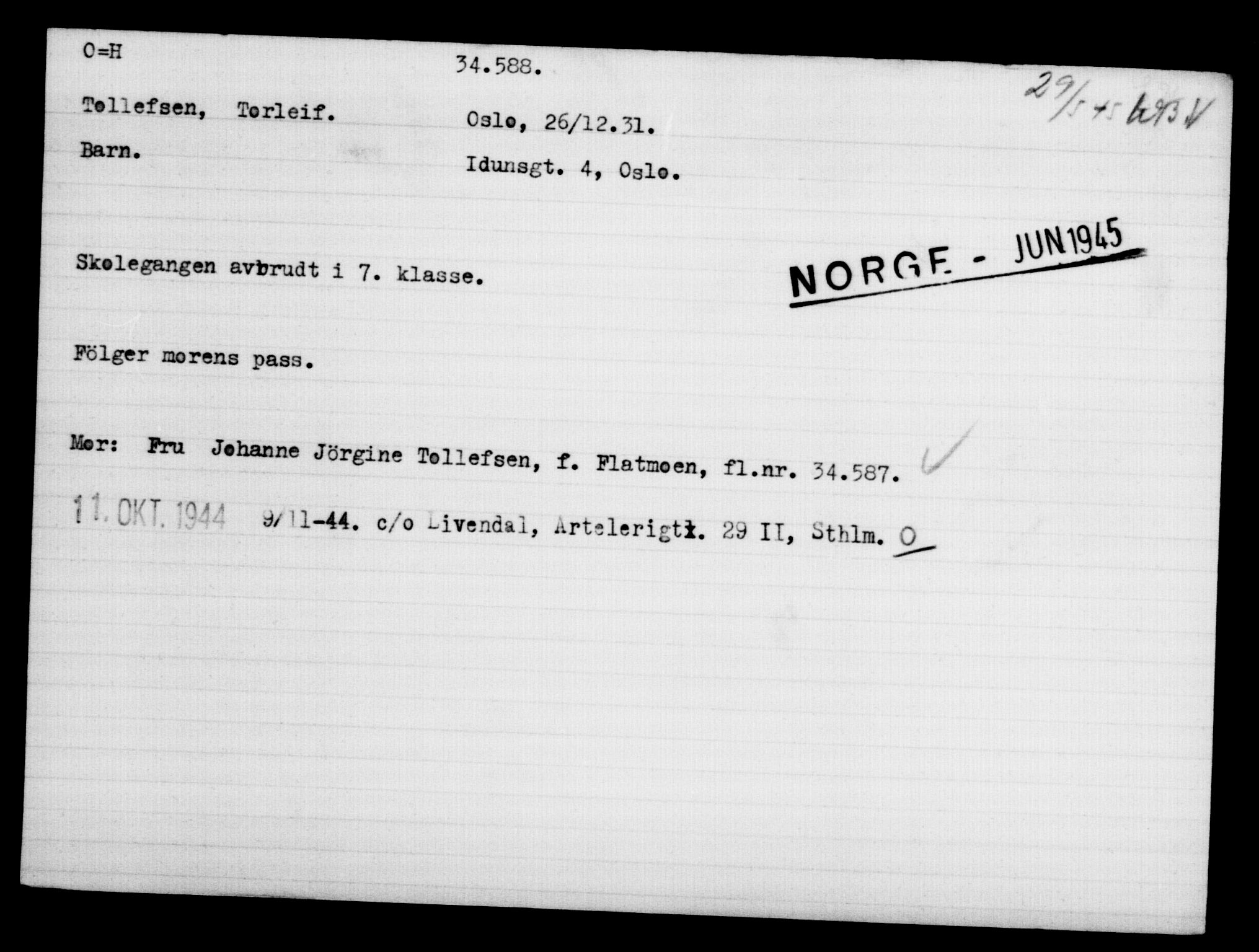 Utenriksstasjonene, Legasjonen i Stockholm, Flyktningkontoret, AV/RA-S-6753/V/Va/L0013: Kjesäterkartoteket, flyktninger med registreringsnr. 31500-34731, 1940-1945, s. 3253