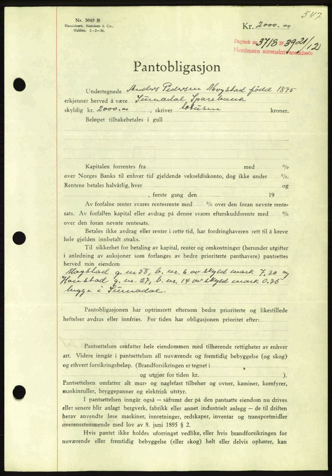 Nordmøre sorenskriveri, AV/SAT-A-4132/1/2/2Ca: Pantebok nr. B86, 1939-1940, Dagboknr: 3718/1939