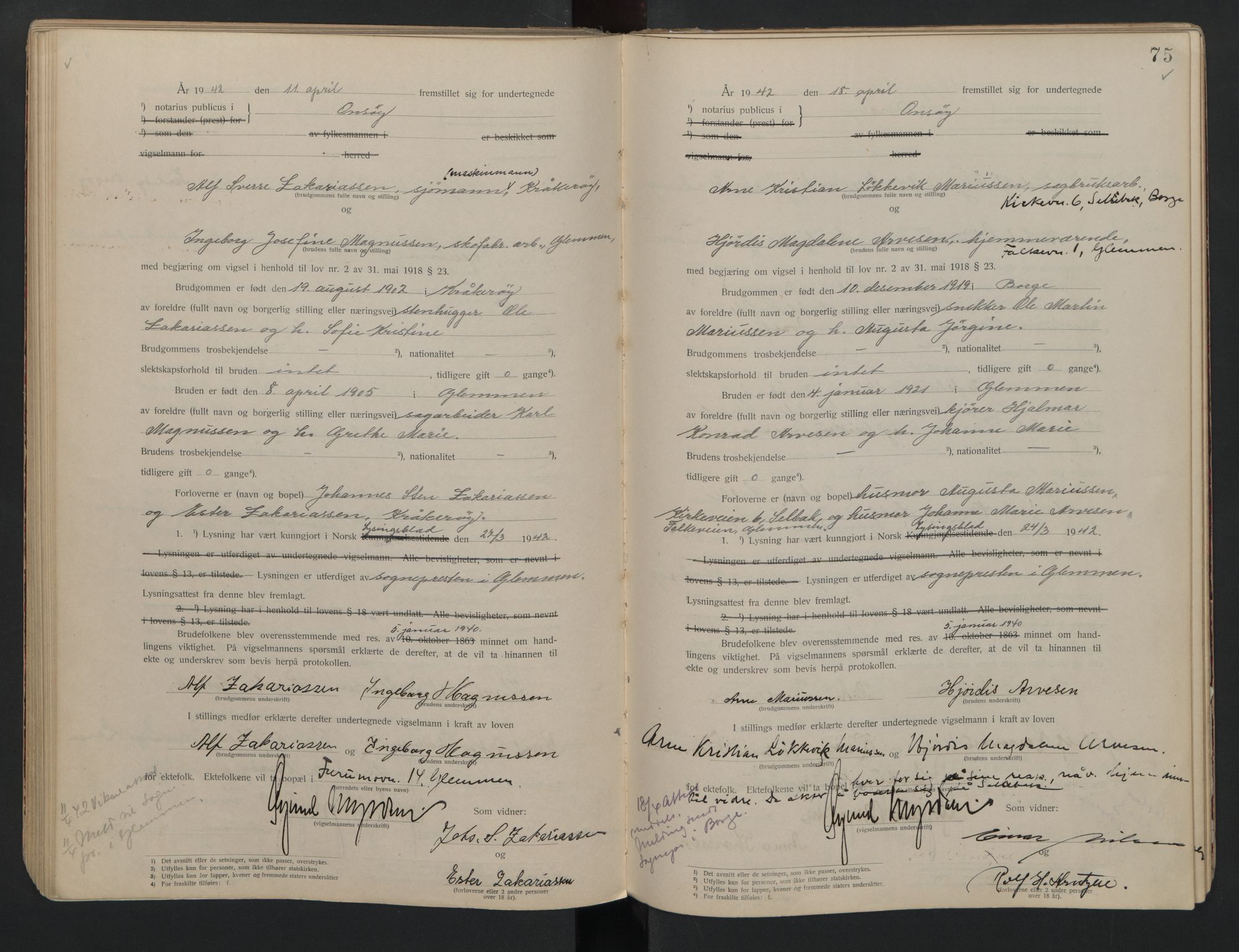 Onsøy sorenskriveri, AV/SAO-A-10474/L/La/L0001: Vigselsbok, 1920-1942, s. 75