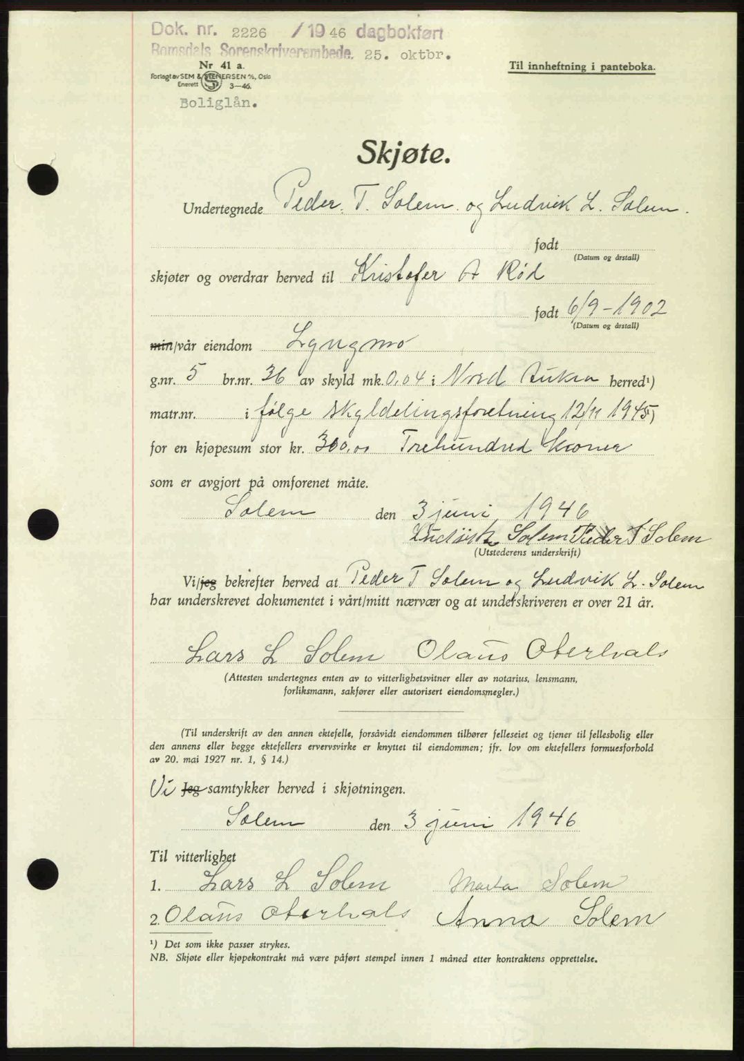 Romsdal sorenskriveri, AV/SAT-A-4149/1/2/2C: Pantebok nr. A21, 1946-1946, Dagboknr: 2226/1946