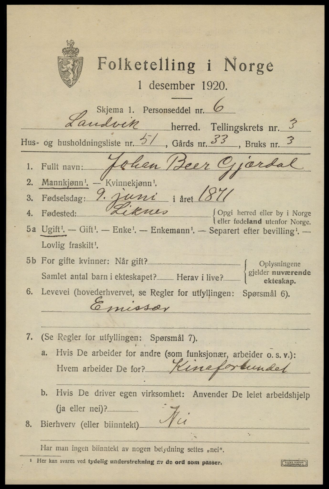 SAK, Folketelling 1920 for 0924 Landvik herred, 1920, s. 3400