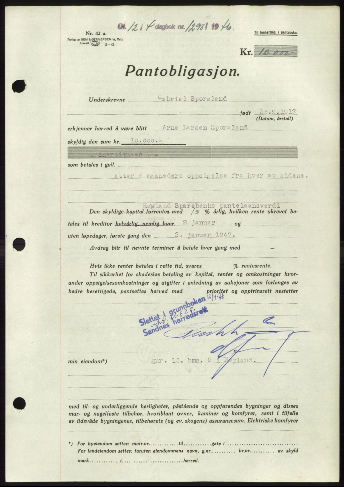 Jæren sorenskriveri, SAST/A-100310/03/G/Gba/L0089: Pantebok, 1946-1946, Dagboknr: 1298/1946