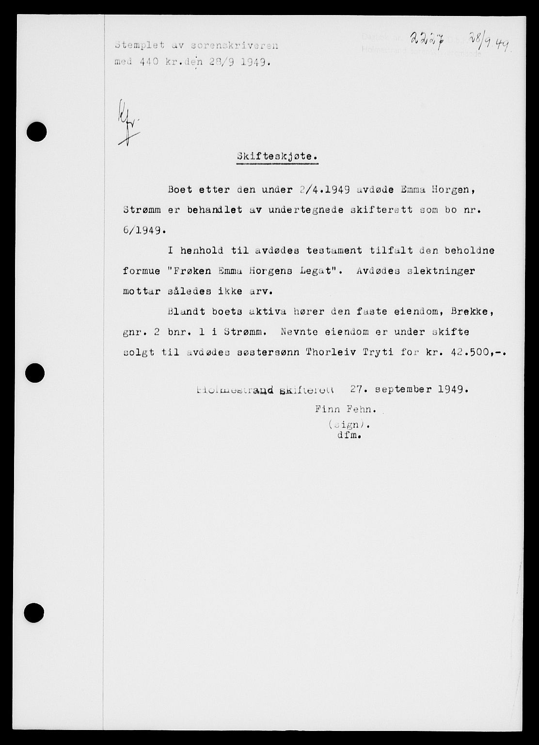 Holmestrand sorenskriveri, SAKO/A-67/G/Ga/Gaa/L0067: Pantebok nr. A-67, 1949-1949, Dagboknr: 2227/1949