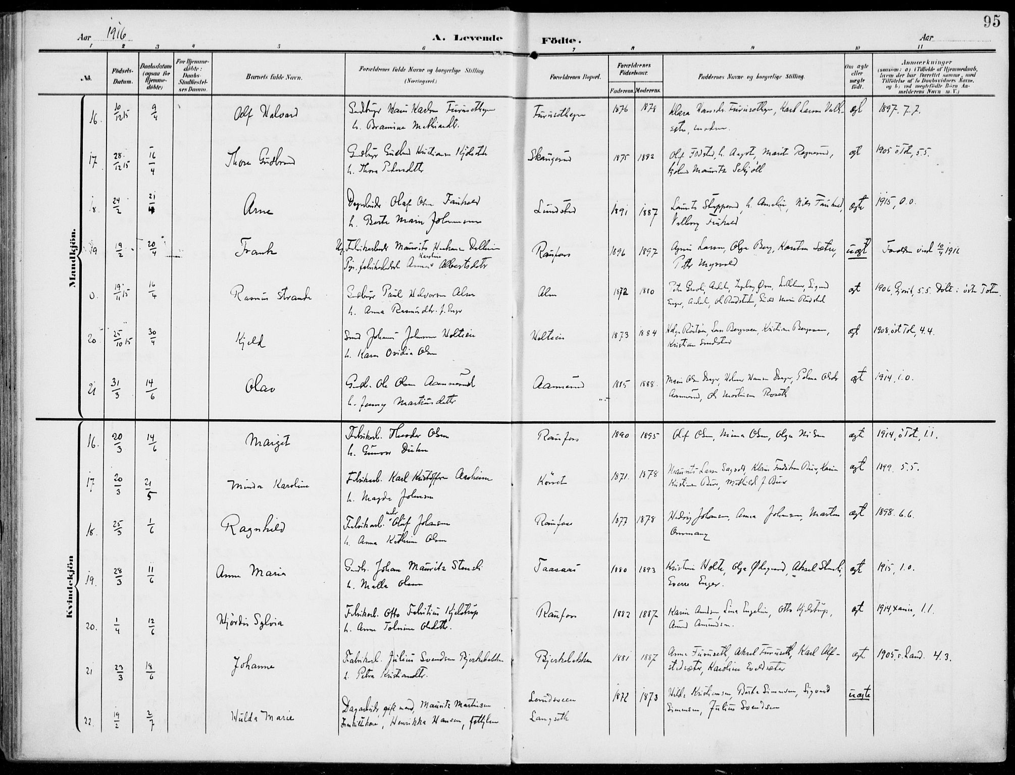 Vestre Toten prestekontor, AV/SAH-PREST-108/H/Ha/Haa/L0014: Ministerialbok nr. 14, 1907-1920, s. 95