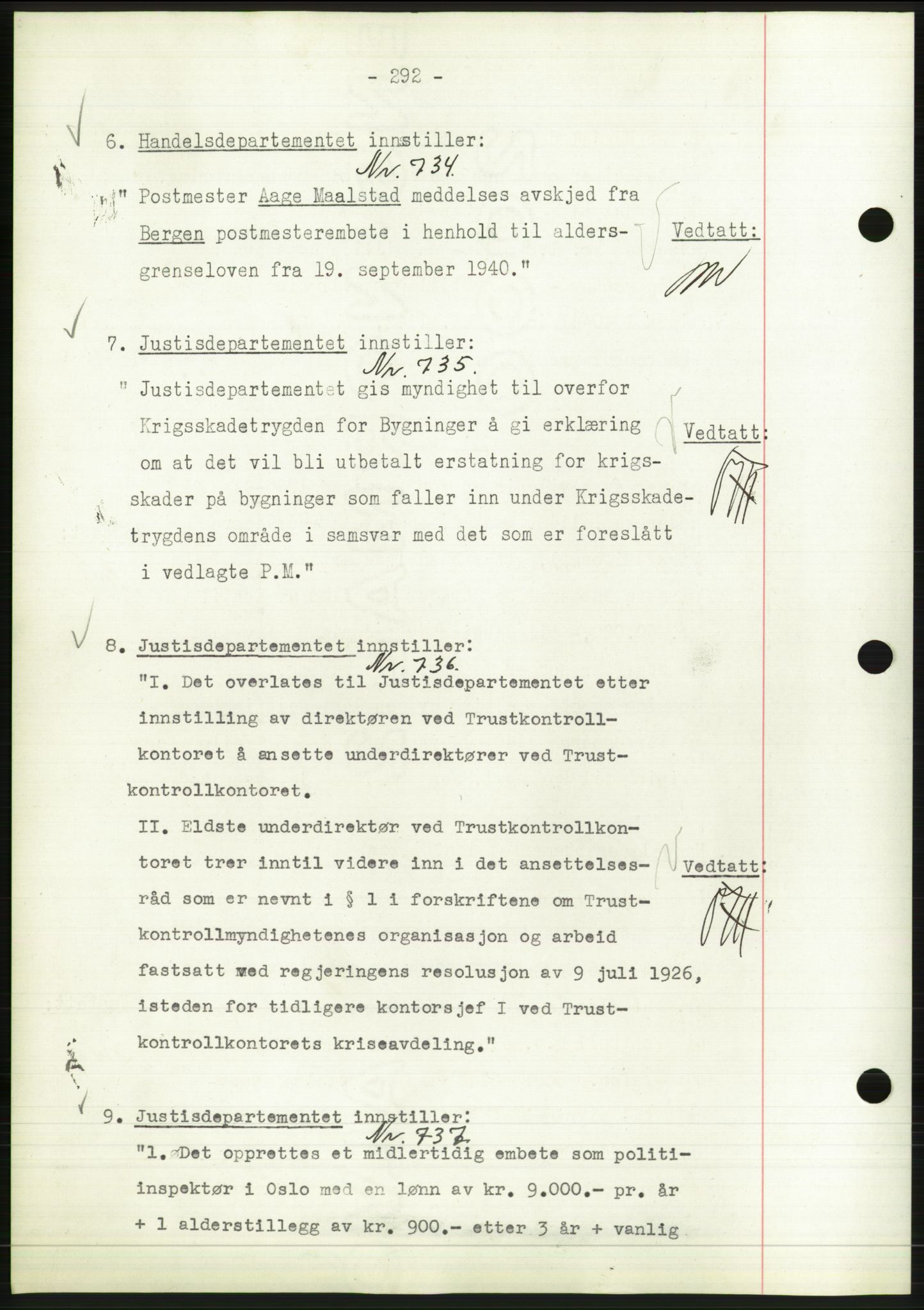 Administrasjonsrådet, AV/RA-S-1004/A/L0002: Vedtaksprotokoll 16/4-25/9, 1940, s. 296
