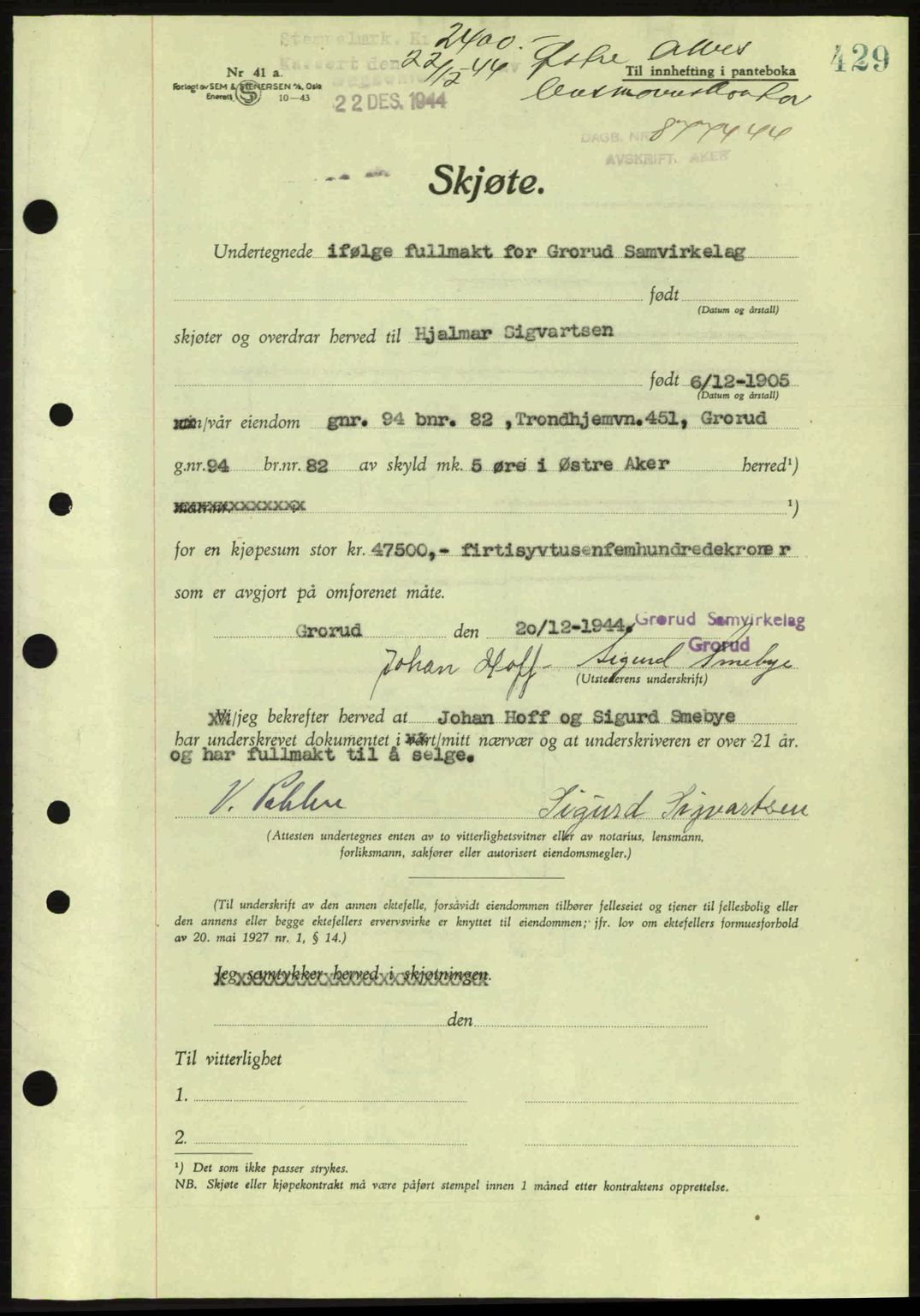 Aker herredsskriveri, SAO/A-10896/G/Gb/Gba/Gbab/L0063: Pantebok nr. A184-185, 1944-1945, Dagboknr: 8774/1944