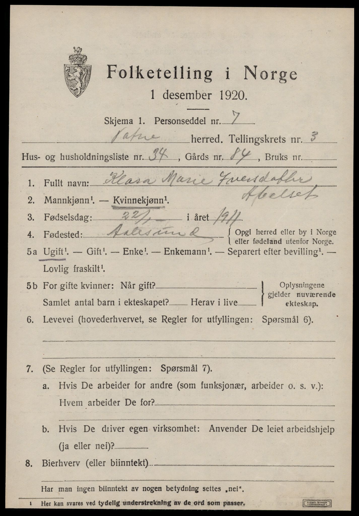 SAT, Folketelling 1920 for 1530 Vatne herred, 1920, s. 1800