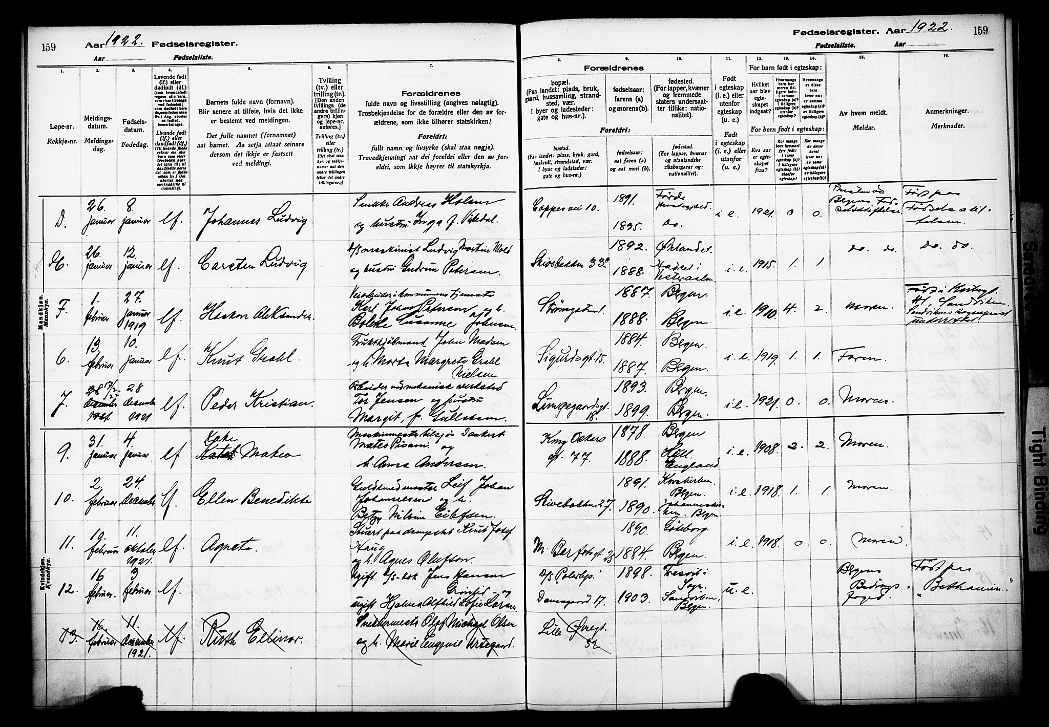 Domkirken sokneprestembete, AV/SAB-A-74801/I/Id/L00A1: Fødselsregister nr. A 1, 1916-1923, s. 159