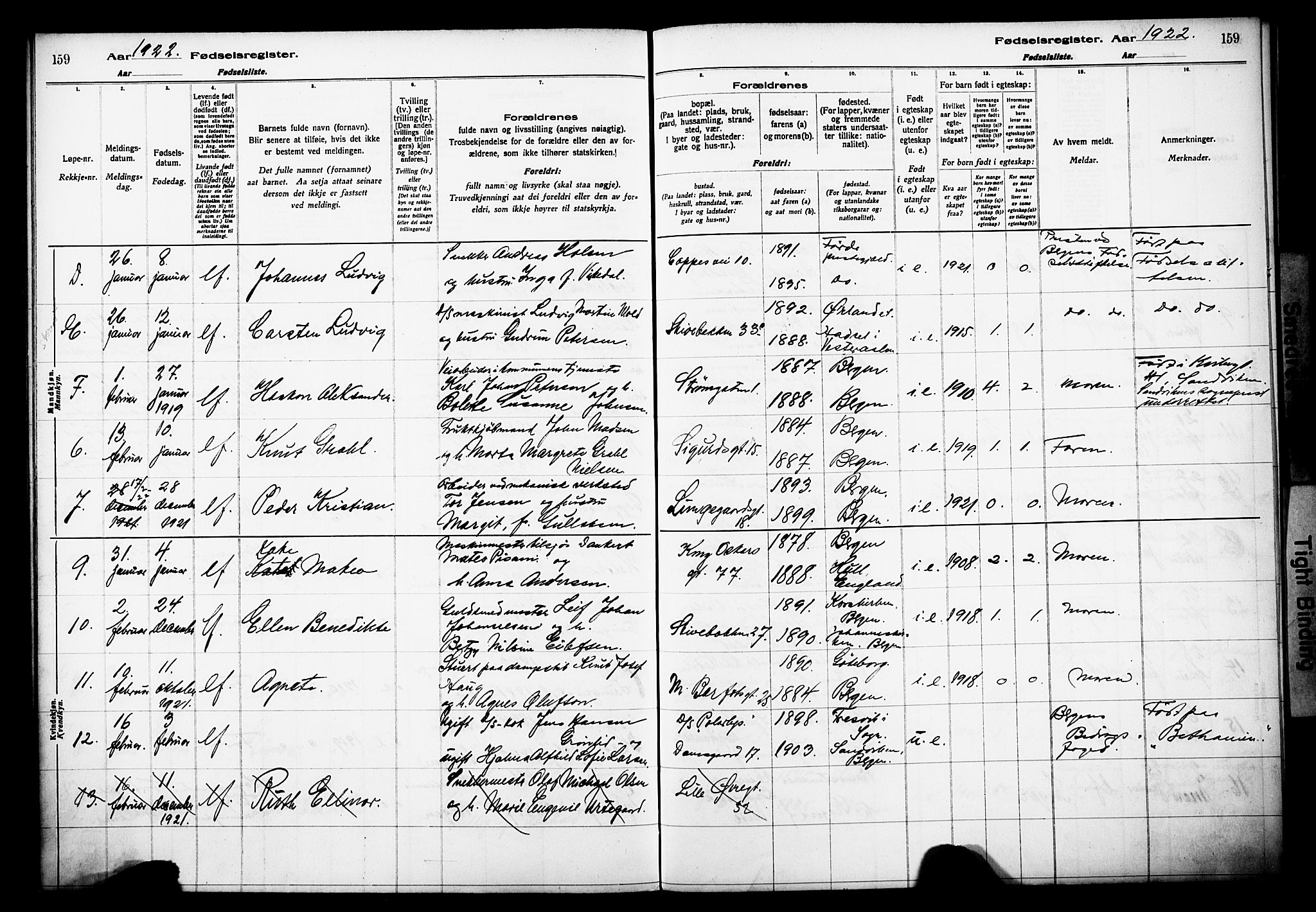 Domkirken sokneprestembete, SAB/A-74801/I/Id/L00A1: Fødselsregister nr. A 1, 1916-1923, s. 159