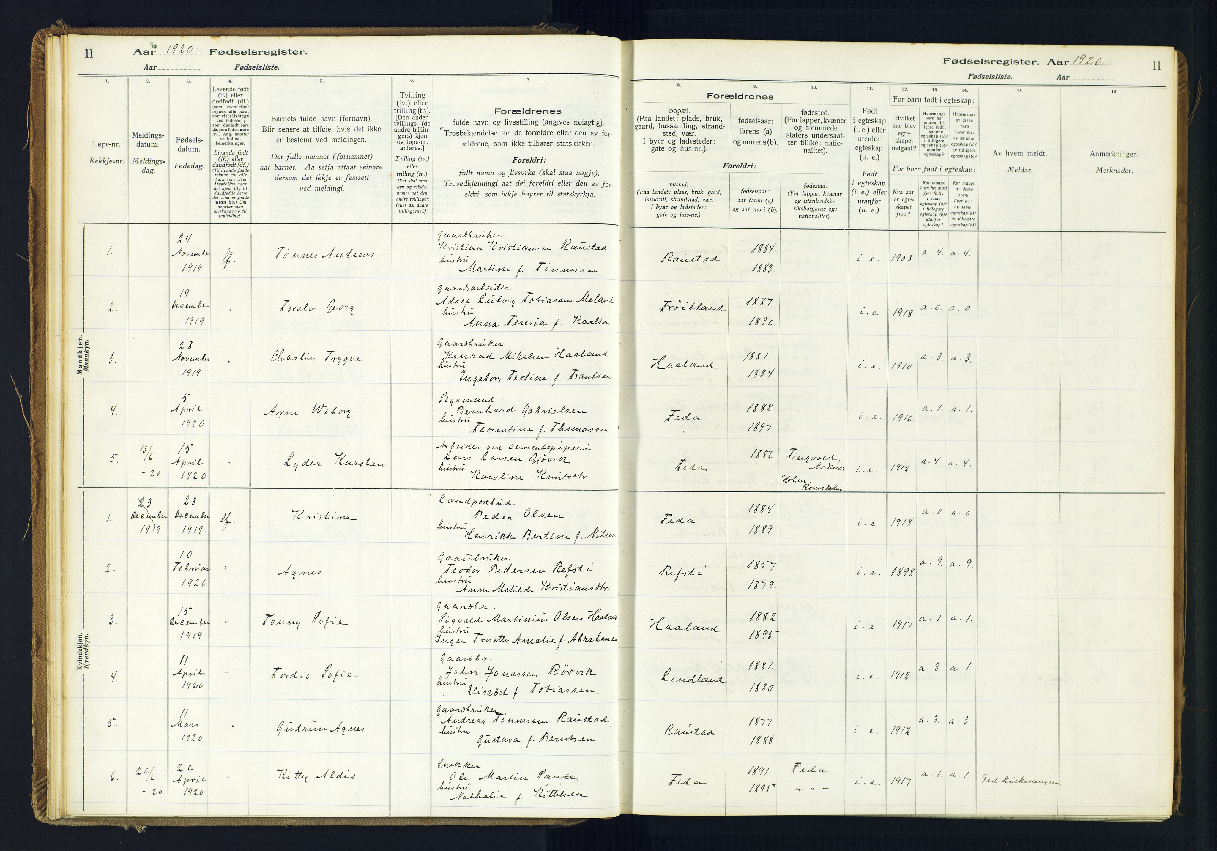 Kvinesdal sokneprestkontor, AV/SAK-1111-0026/J/Ja/L0005: Fødselsregister nr. 5, 1916-1982, s. 11