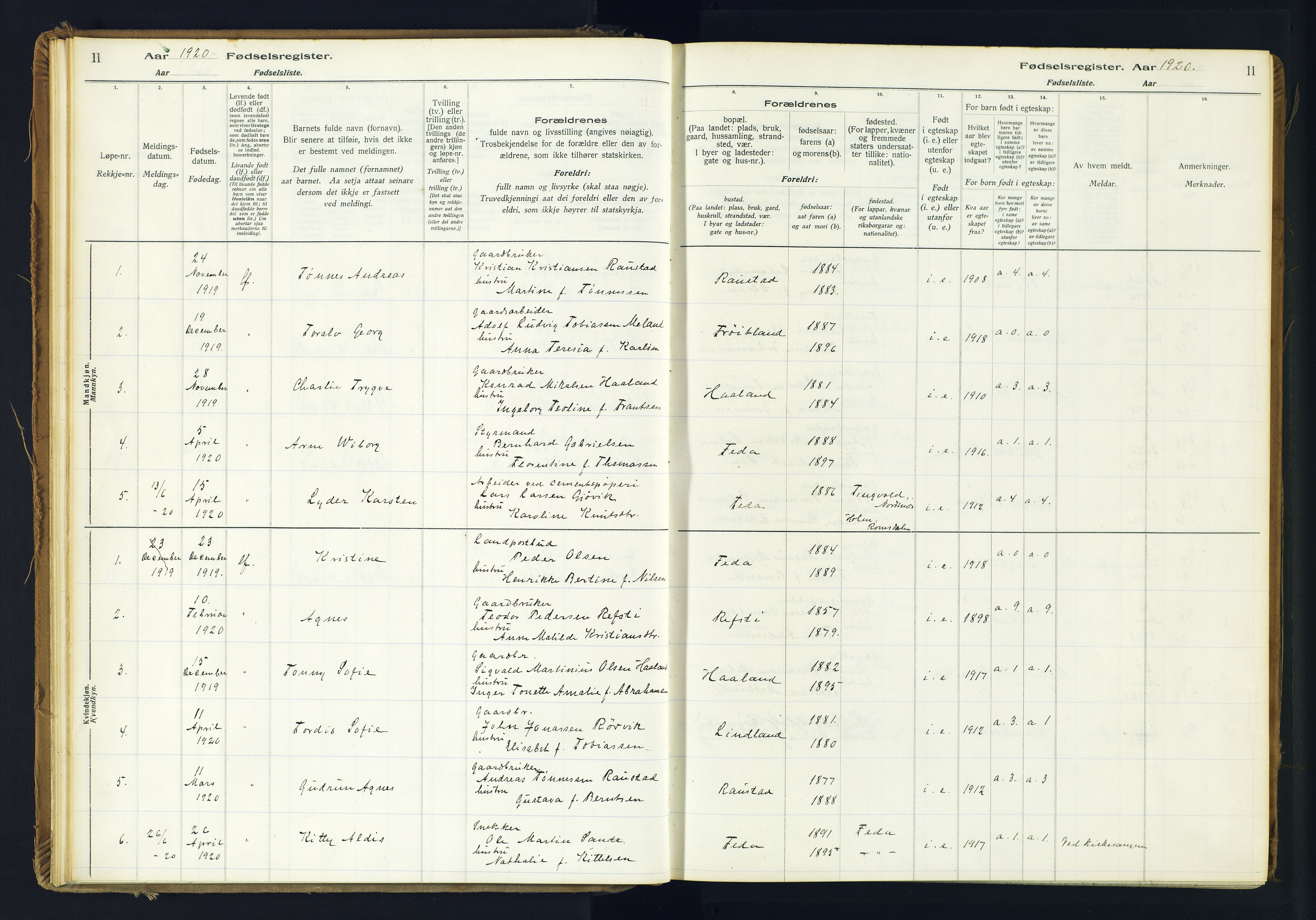 Kvinesdal sokneprestkontor, SAK/1111-0026/J/Ja/L0005: Fødselsregister nr. 5, 1916-1982, s. 11