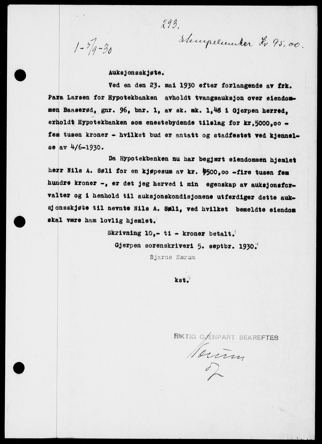 Gjerpen sorenskriveri, SAKO/A-216/G/Ga/Gaa/L0054: Pantebok nr. I 54-56, 1930-1931, s. 293, Tingl.dato: 05.09.1930