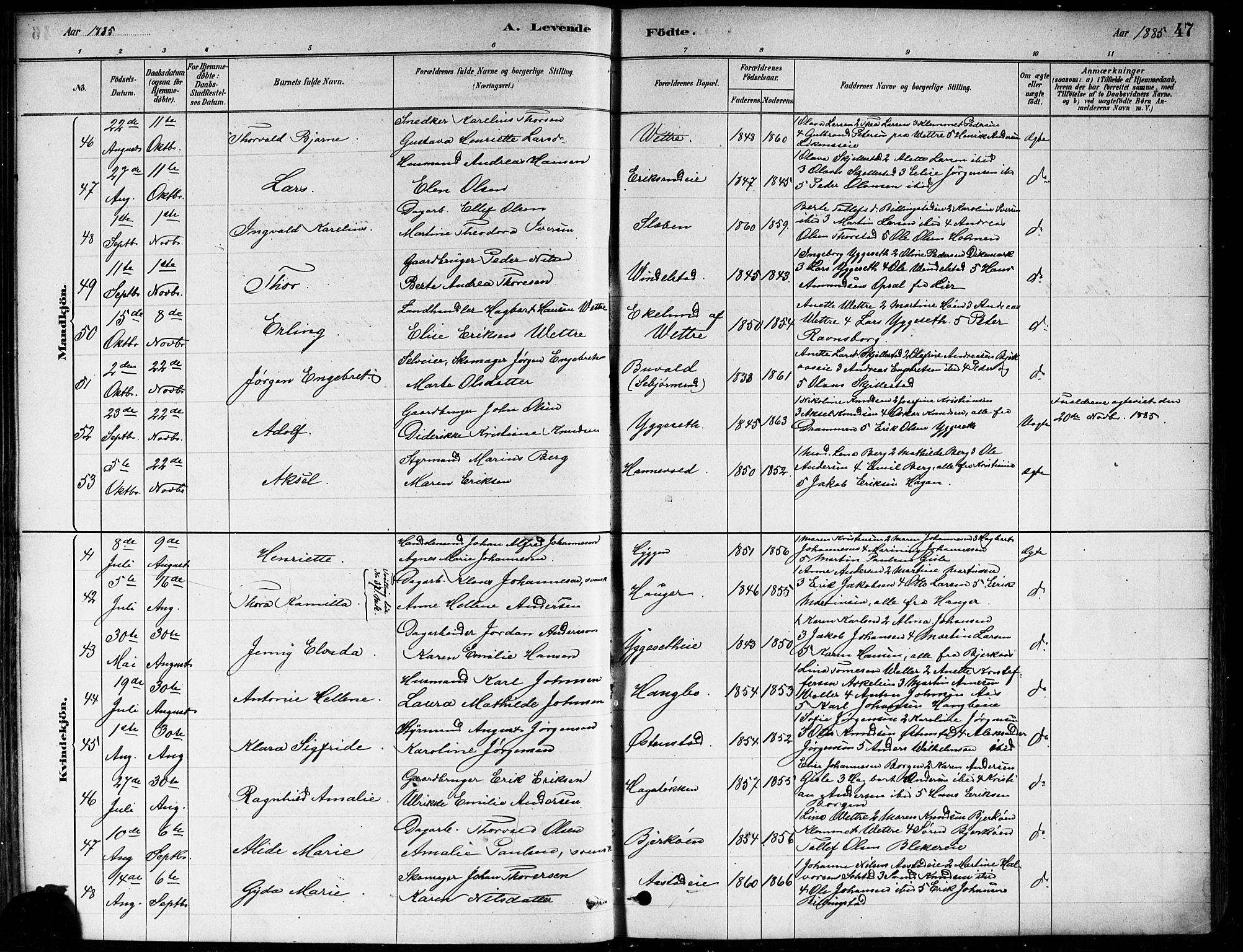 Asker prestekontor Kirkebøker, AV/SAO-A-10256a/F/Fa/L0013: Ministerialbok nr. I 13, 1879-1896, s. 47