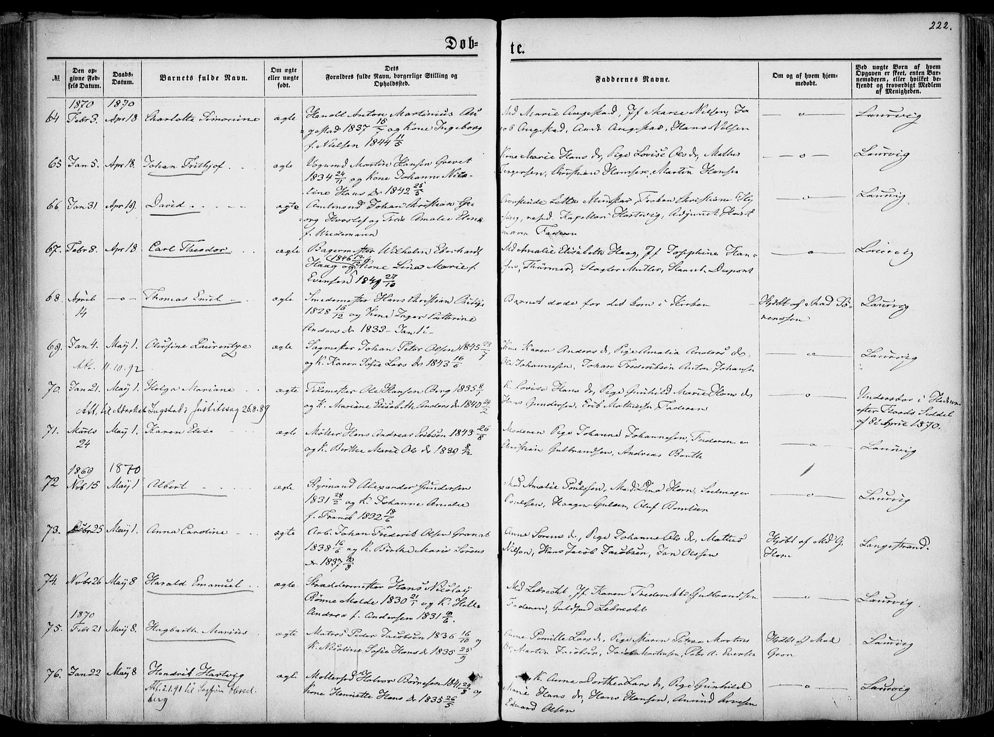 Larvik kirkebøker, AV/SAKO-A-352/F/Fa/L0004: Ministerialbok nr. I 4, 1856-1870, s. 222