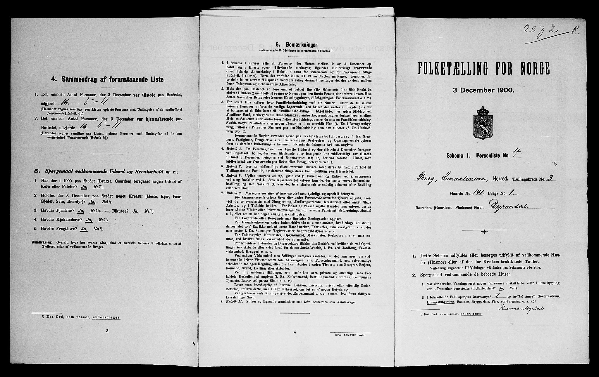 SAO, Folketelling 1900 for 0116 Berg herred, 1900