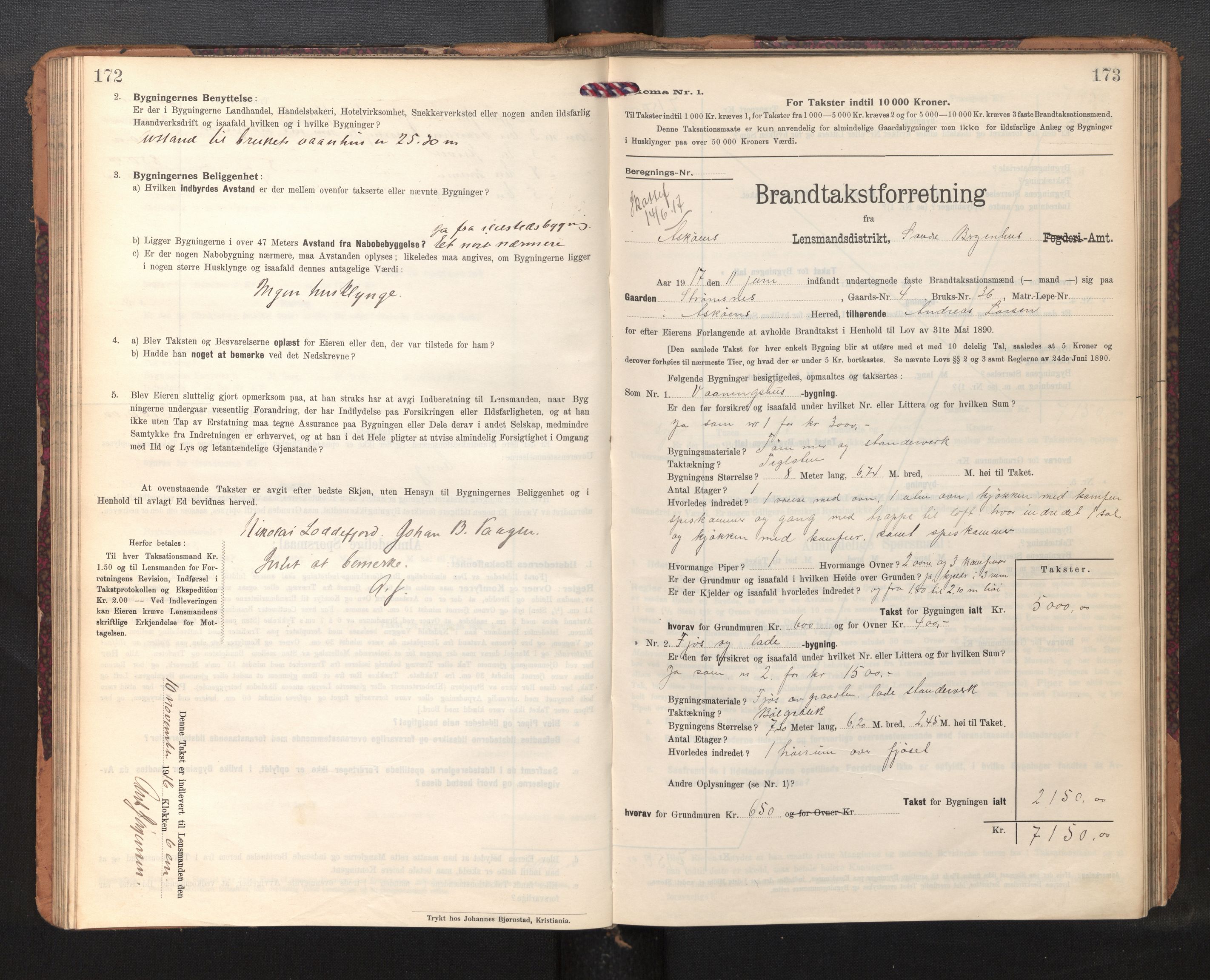 Lensmannen i Askøy, SAB/A-31001/0012/L0007: Branntakstprotokoll, skjematakst, 1910-1919, s. 172-173