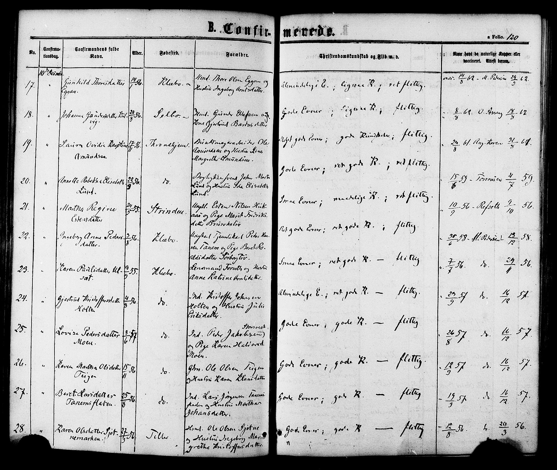 Ministerialprotokoller, klokkerbøker og fødselsregistre - Sør-Trøndelag, SAT/A-1456/618/L0442: Ministerialbok nr. 618A06 /1, 1863-1879, s. 120
