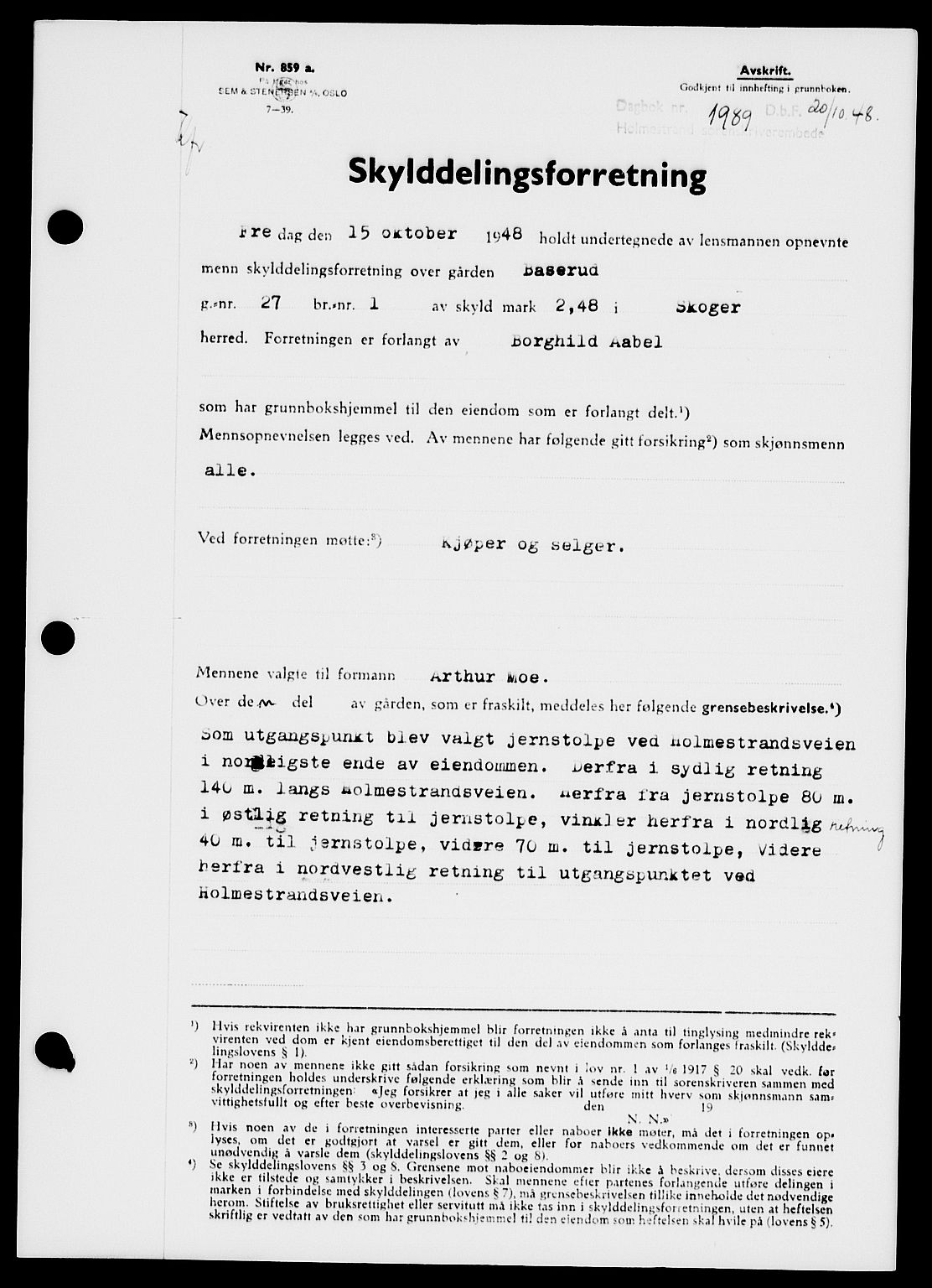 Holmestrand sorenskriveri, SAKO/A-67/G/Ga/Gaa/L0065: Pantebok nr. A-65, 1948-1949, Dagboknr: 1989/1948