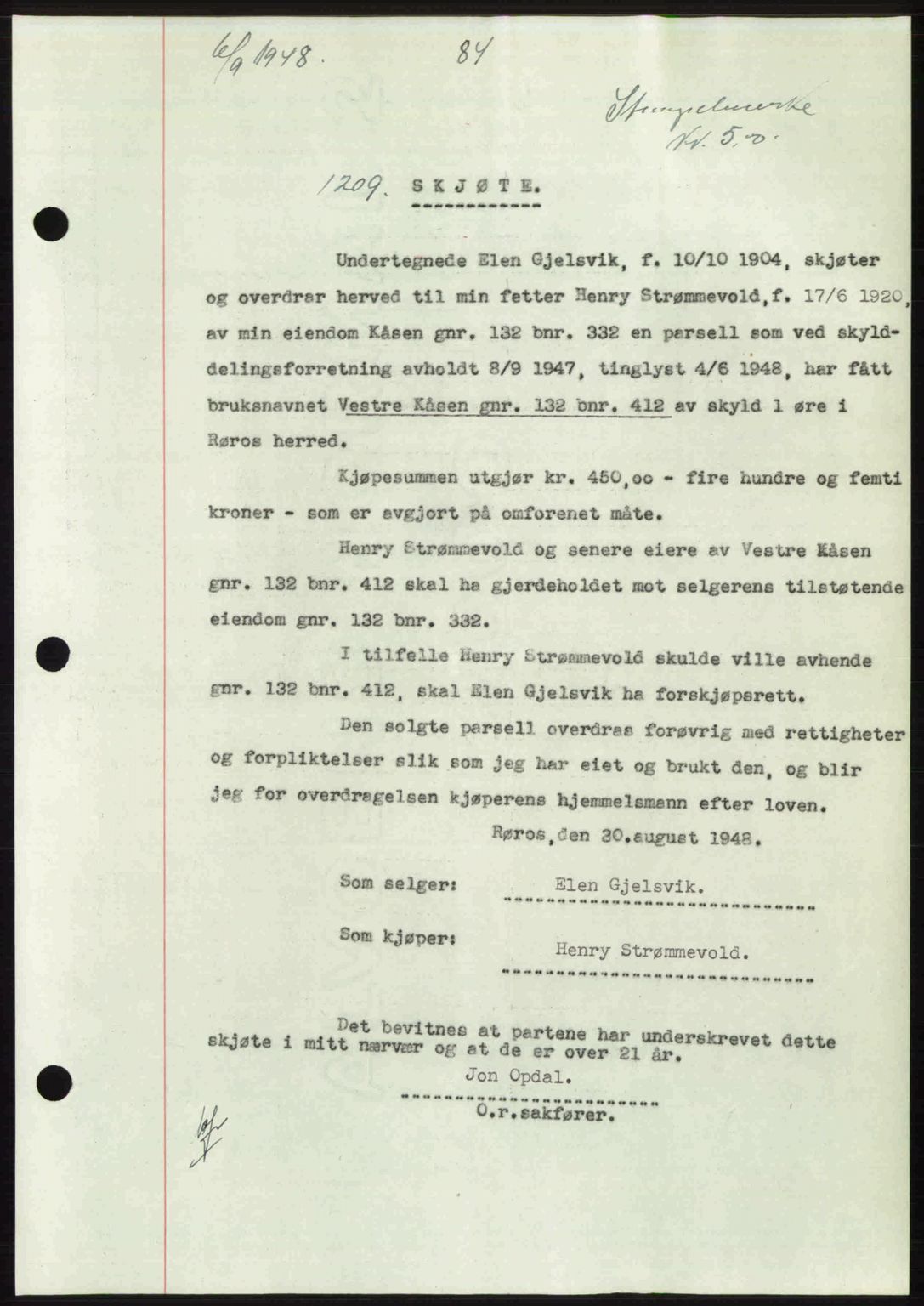 Gauldal sorenskriveri, SAT/A-0014/1/2/2C: Pantebok nr. A6, 1948-1948, Dagboknr: 1209/1948