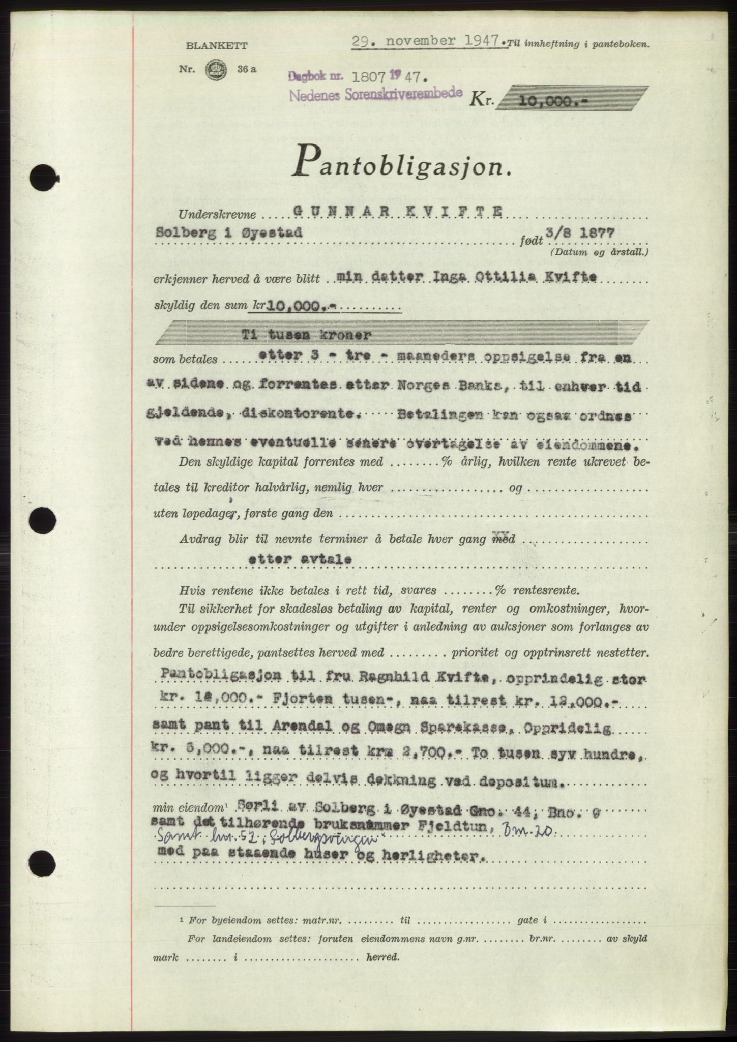 Nedenes sorenskriveri, AV/SAK-1221-0006/G/Gb/Gbb/L0004: Pantebok nr. B4, 1947-1947, Dagboknr: 1807/1947