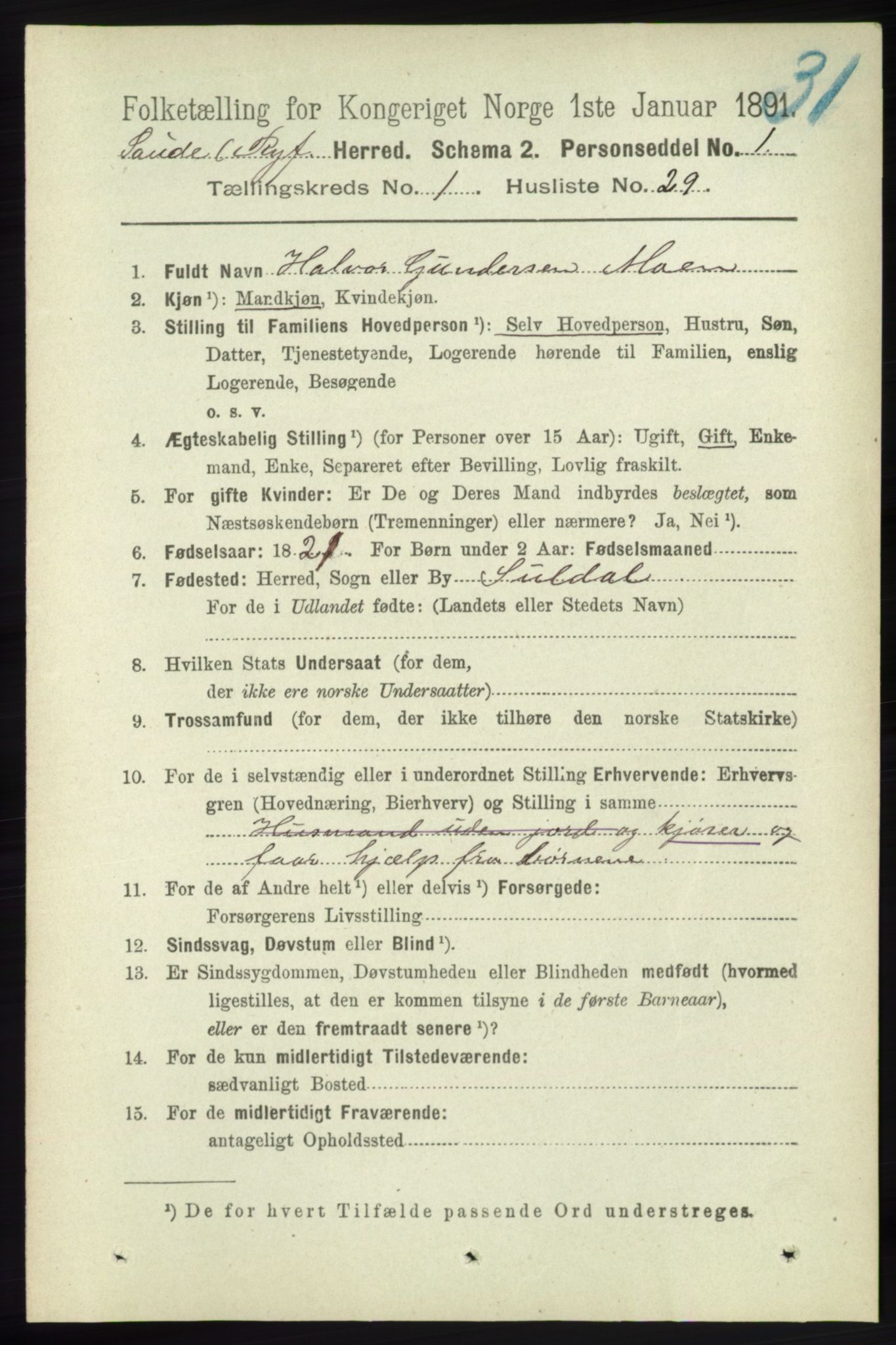 RA, Folketelling 1891 for 1135 Sauda herred, 1891, s. 232