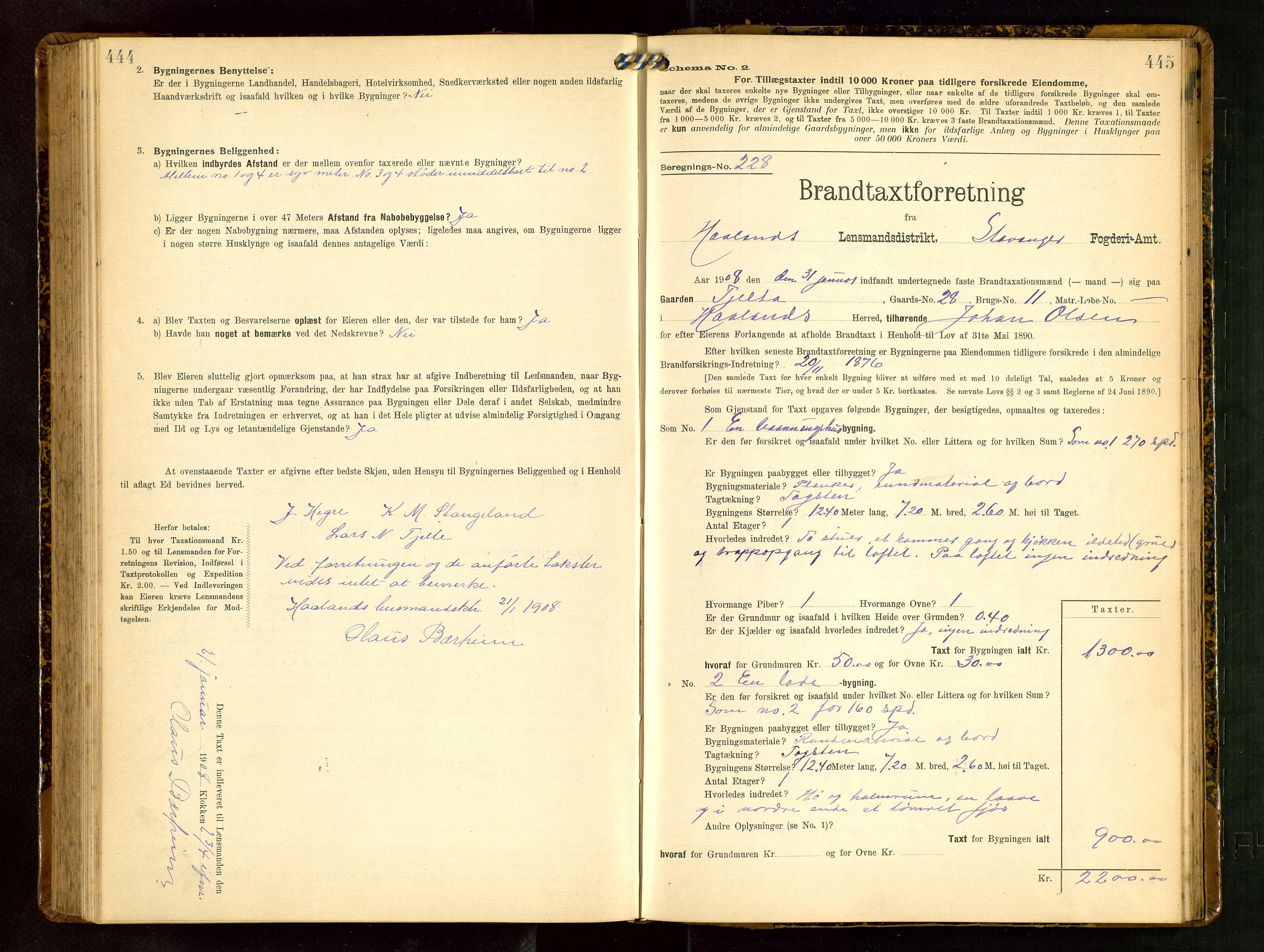 Håland lensmannskontor, AV/SAST-A-100100/Gob/L0003: Branntakstprotokoll - skjematakst. Register i boken., 1909-1910, s. 444-445