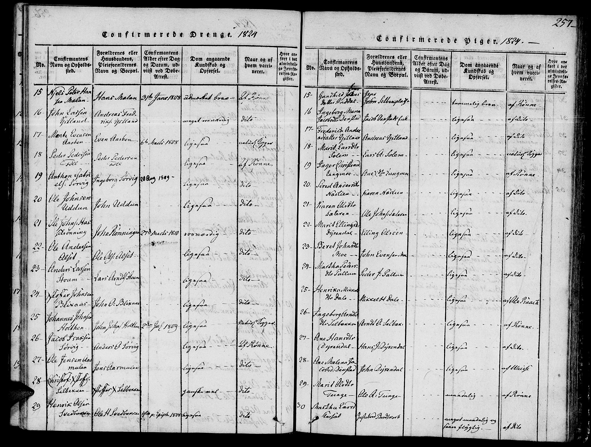 Ministerialprotokoller, klokkerbøker og fødselsregistre - Sør-Trøndelag, SAT/A-1456/646/L0608: Ministerialbok nr. 646A06, 1816-1825, s. 257