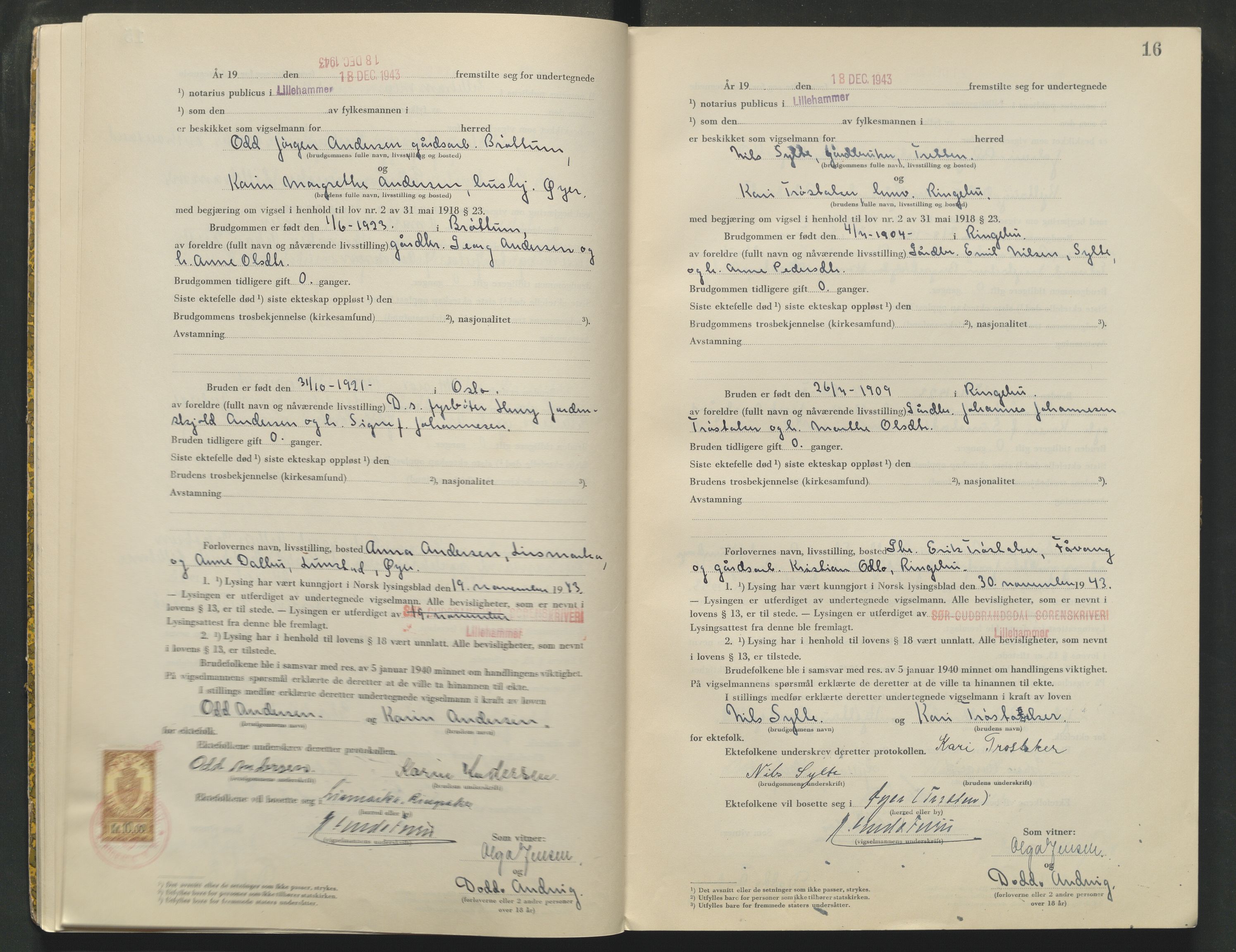 Sør-Gudbrandsdal tingrett, AV/SAH-TING-004/L/Lc/L0004: Vigselsprotokoll, 1943-1944, s. 16