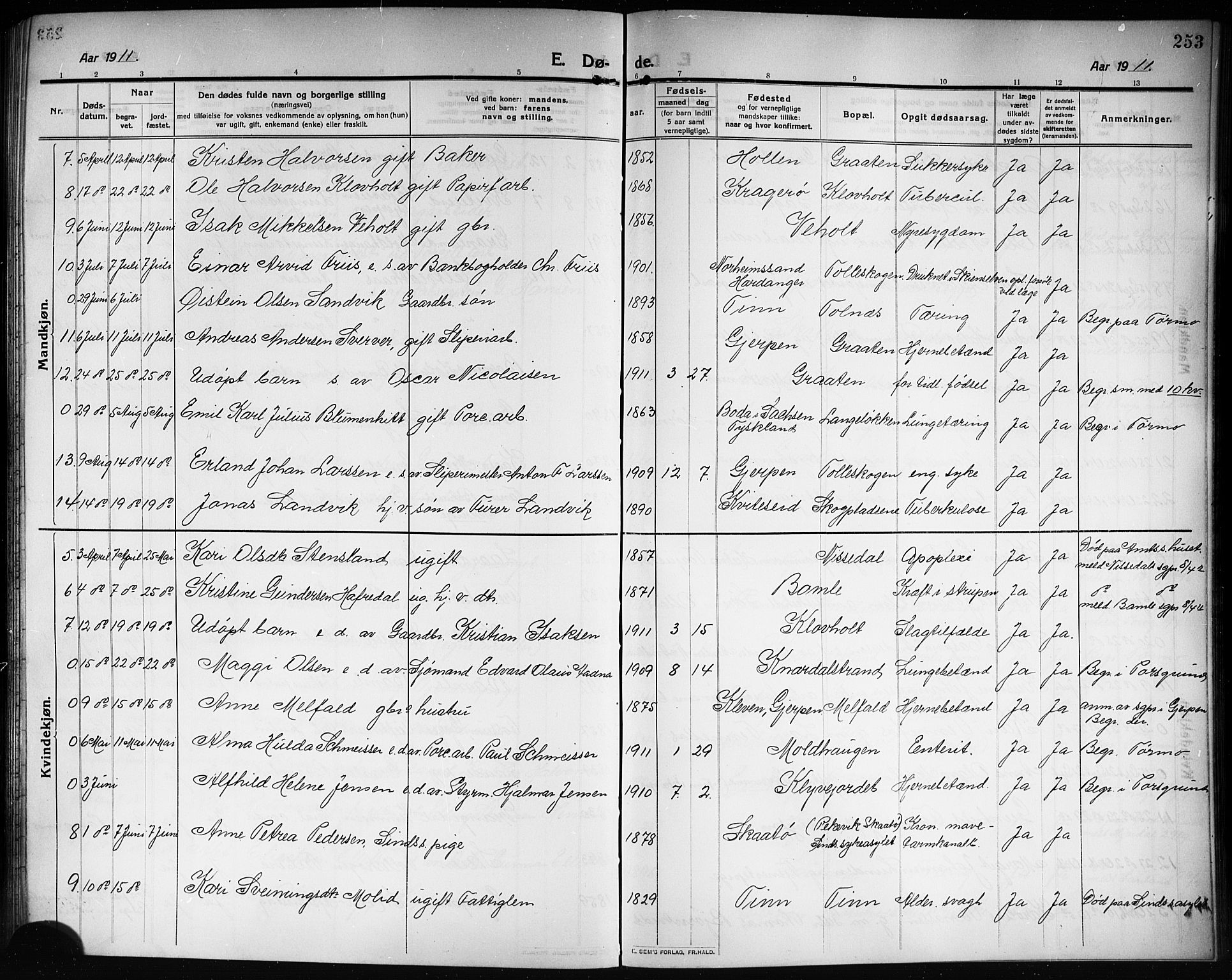 Solum kirkebøker, AV/SAKO-A-306/G/Ga/L0009: Klokkerbok nr. I 9, 1909-1922, s. 253