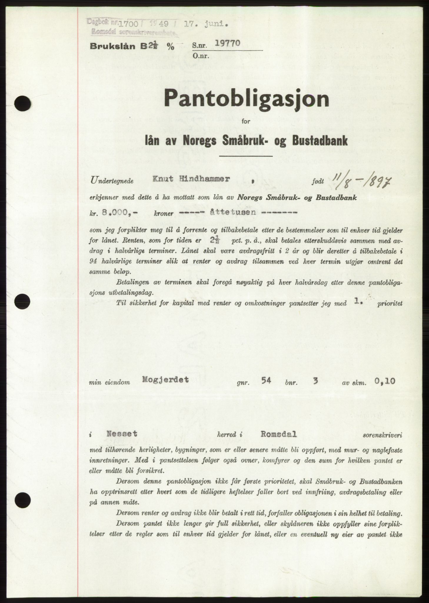 Romsdal sorenskriveri, SAT/A-4149/1/2/2C: Pantebok nr. B4, 1948-1949, Dagboknr: 1700/1949