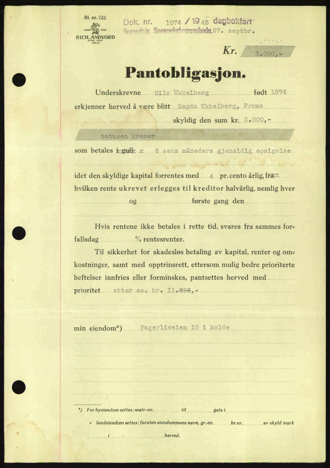 Romsdal sorenskriveri, SAT/A-4149/1/2/2C: Pantebok nr. B2, 1939-1945, Dagboknr: 1074/1945