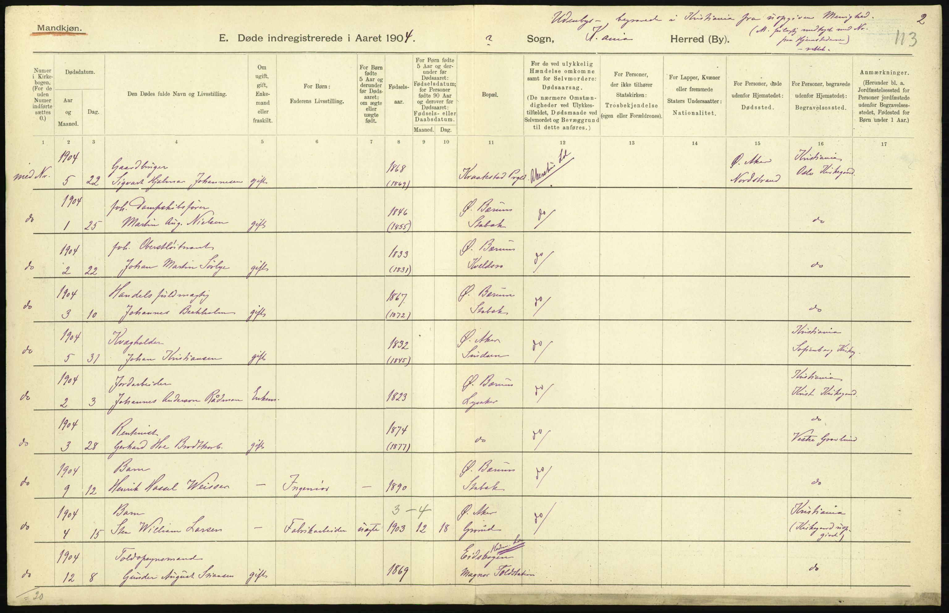 Statistisk sentralbyrå, Sosiodemografiske emner, Befolkning, AV/RA-S-2228/D/Df/Dfa/Dfab/L0004: Kristiania: Gifte, døde, 1904, s. 493