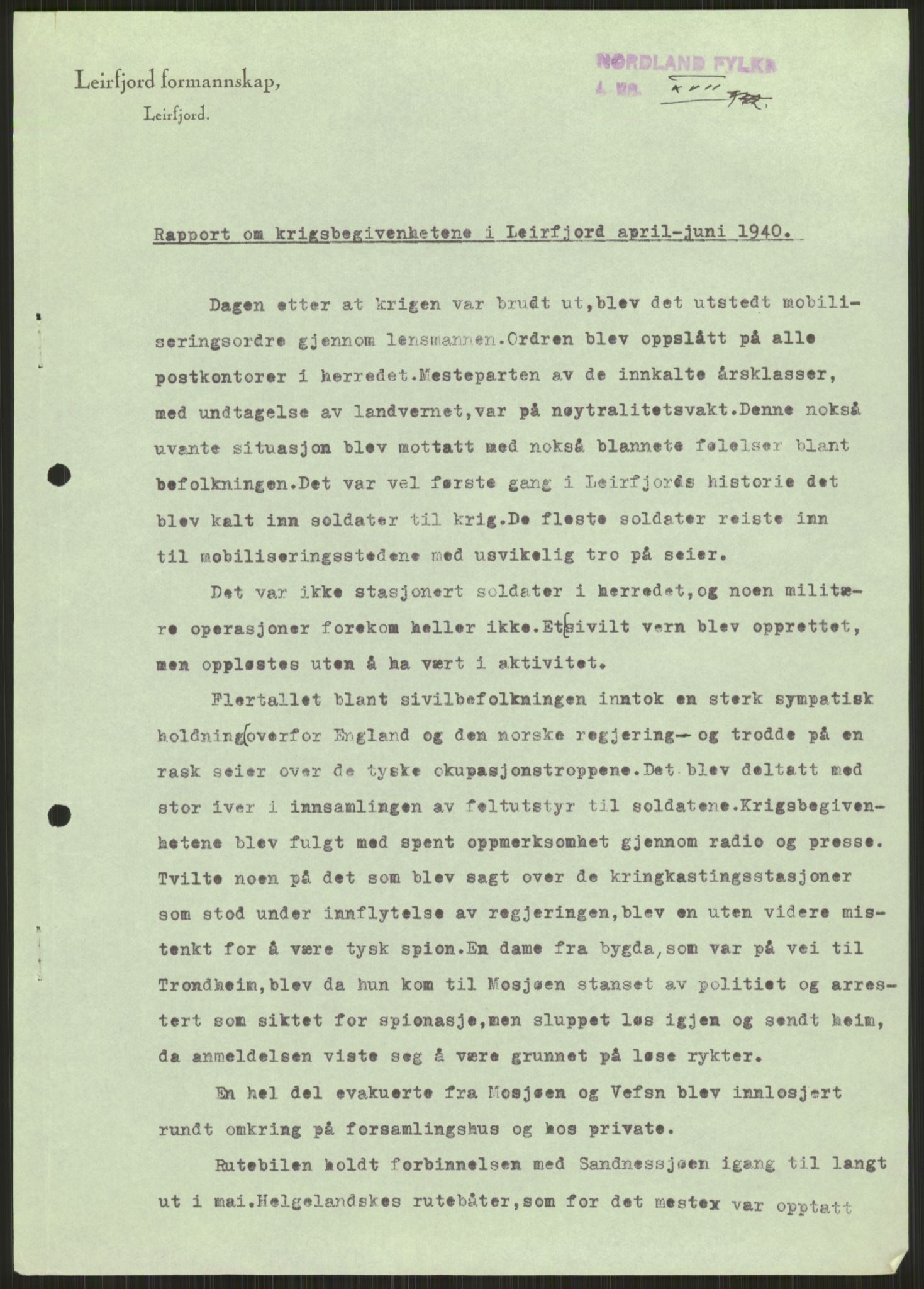 Forsvaret, Forsvarets krigshistoriske avdeling, AV/RA-RAFA-2017/Y/Ya/L0017: II-C-11-31 - Fylkesmenn.  Rapporter om krigsbegivenhetene 1940., 1940, s. 170