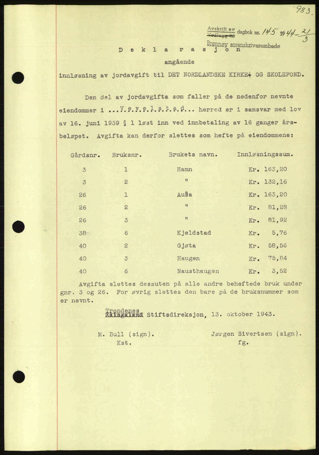 Brønnøy sorenskriveri, SAT/A-4170/1/2/2C: Pantebok nr. 23, 1943-1944, Dagboknr: 145/1944