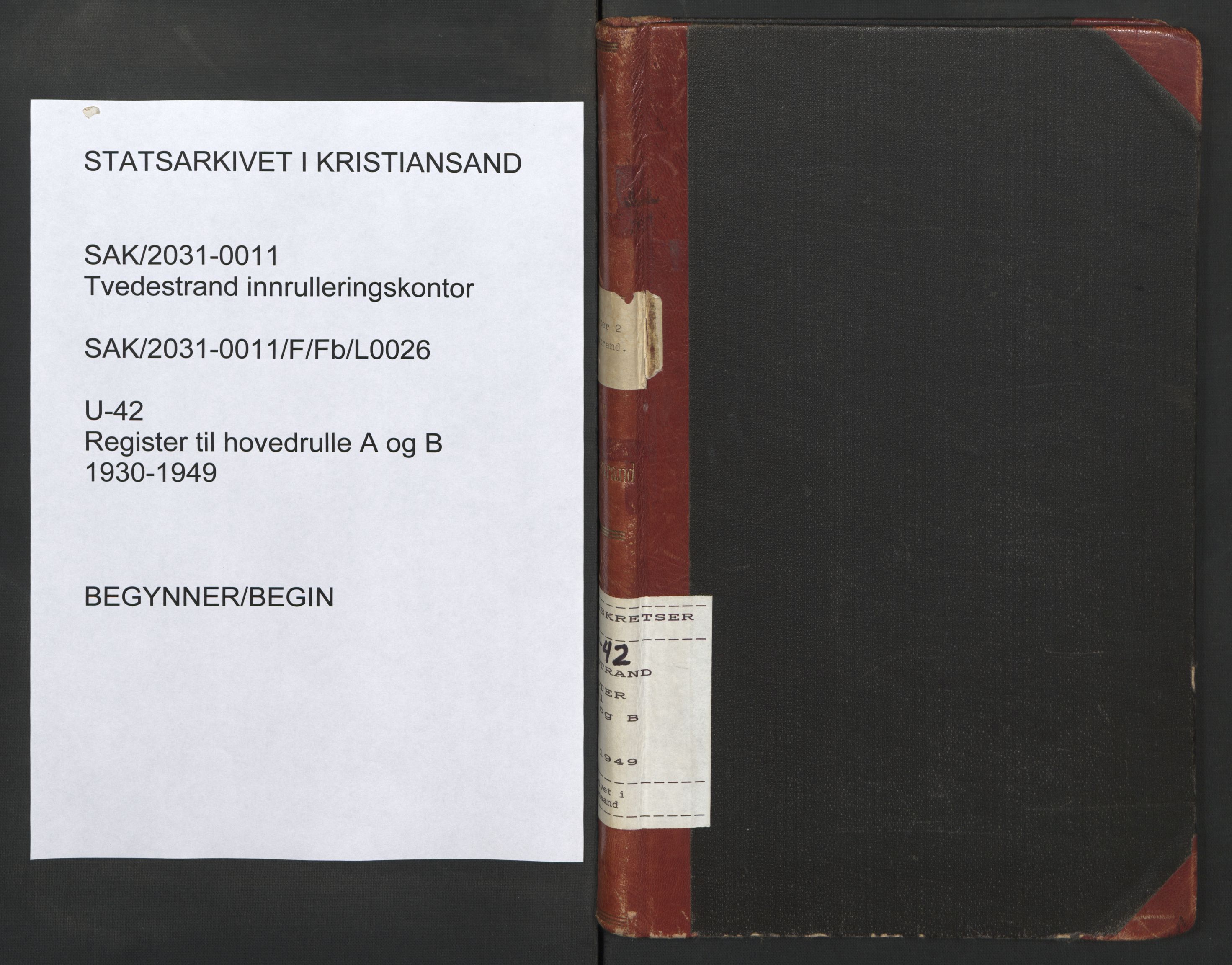 Tvedestrand mønstringskrets, SAK/2031-0011/F/Fb/L0026: Register til hovedrulle A og B, U-42, 1930-1949, s. 1