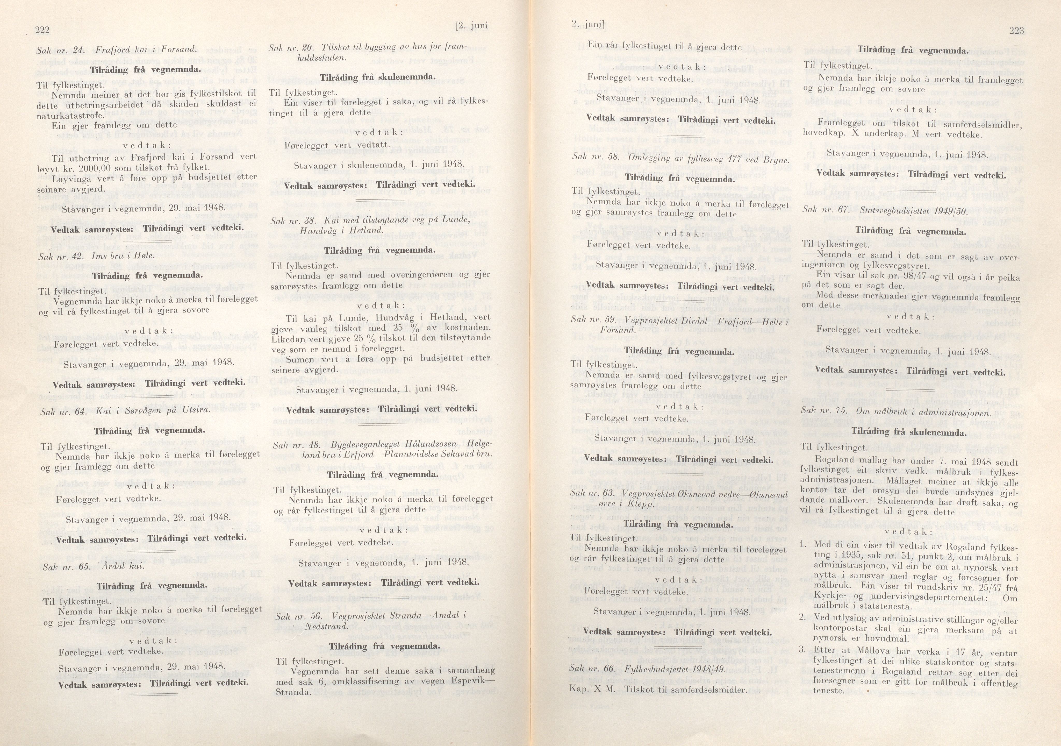 Rogaland fylkeskommune - Fylkesrådmannen , IKAR/A-900/A/Aa/Aaa/L0067: Møtebok , 1948, s. 222-223