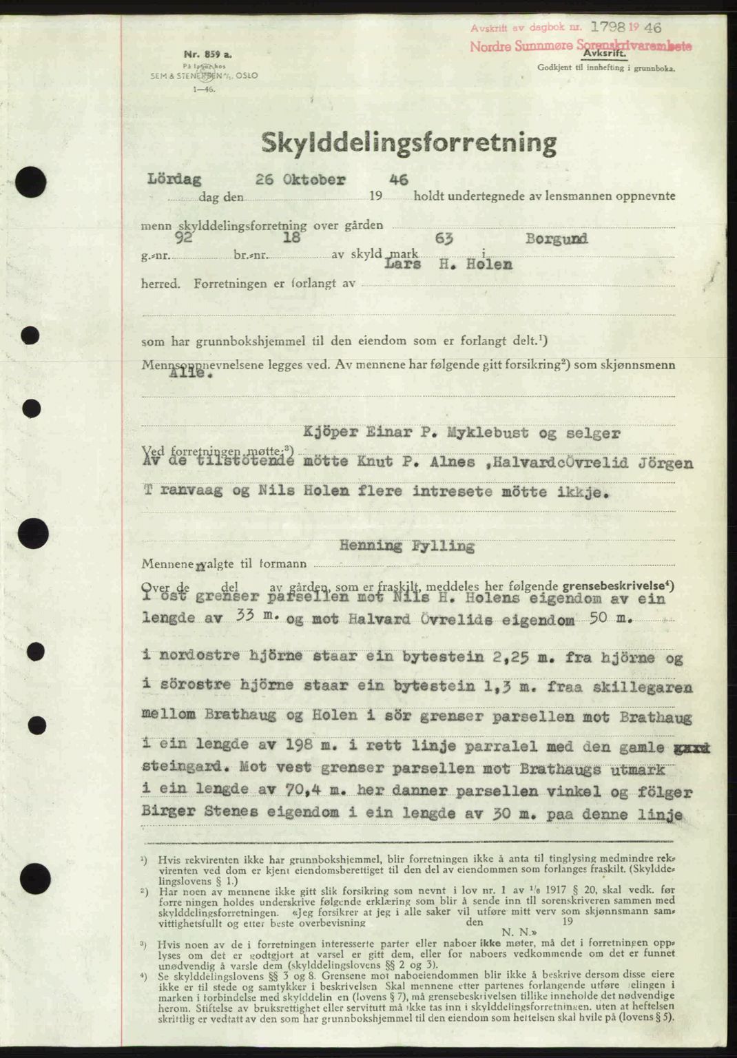Nordre Sunnmøre sorenskriveri, SAT/A-0006/1/2/2C/2Ca: Pantebok nr. A22, 1946-1946, Dagboknr: 1798/1946