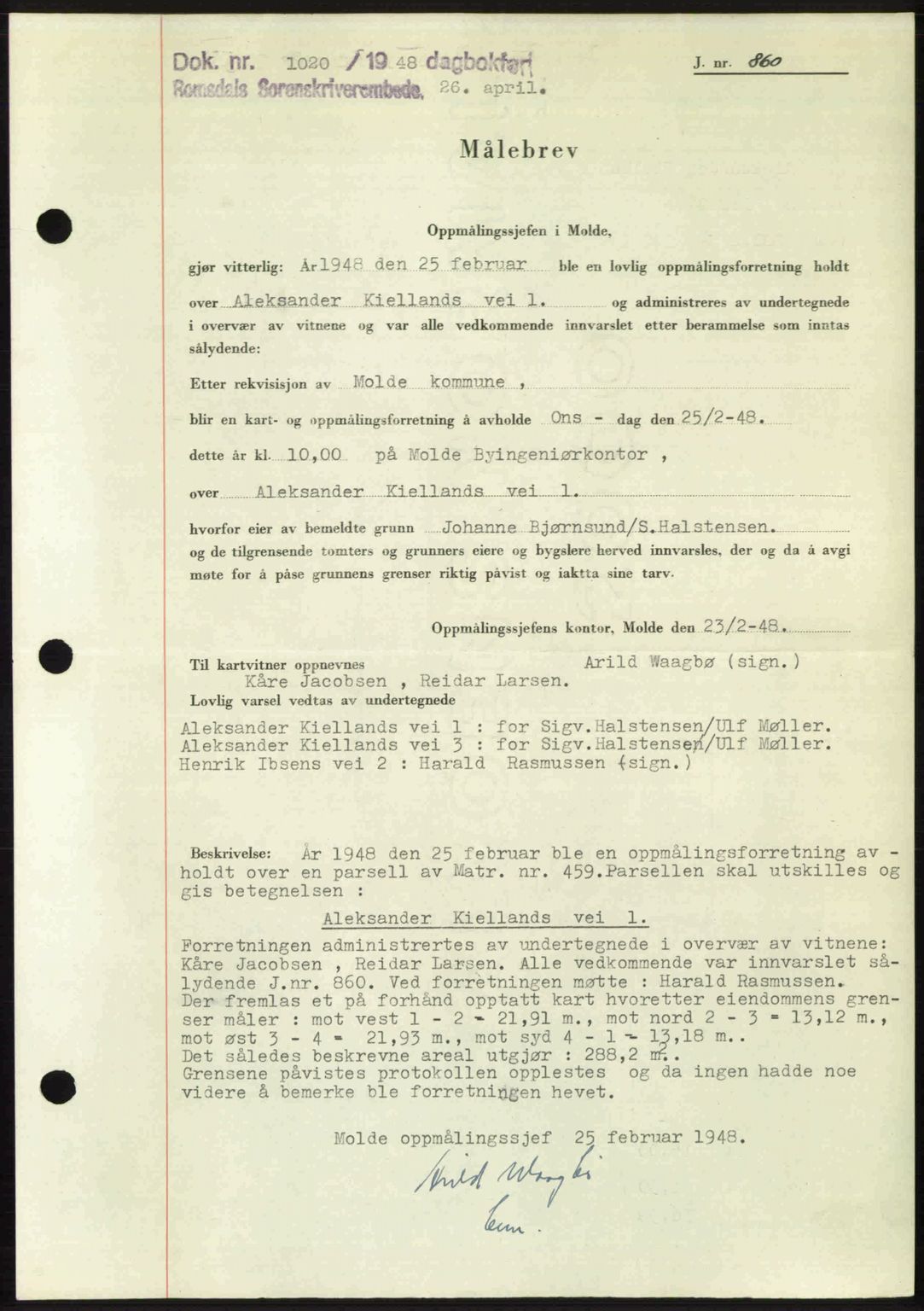 Romsdal sorenskriveri, SAT/A-4149/1/2/2C: Pantebok nr. A26, 1948-1948, Dagboknr: 1020/1948