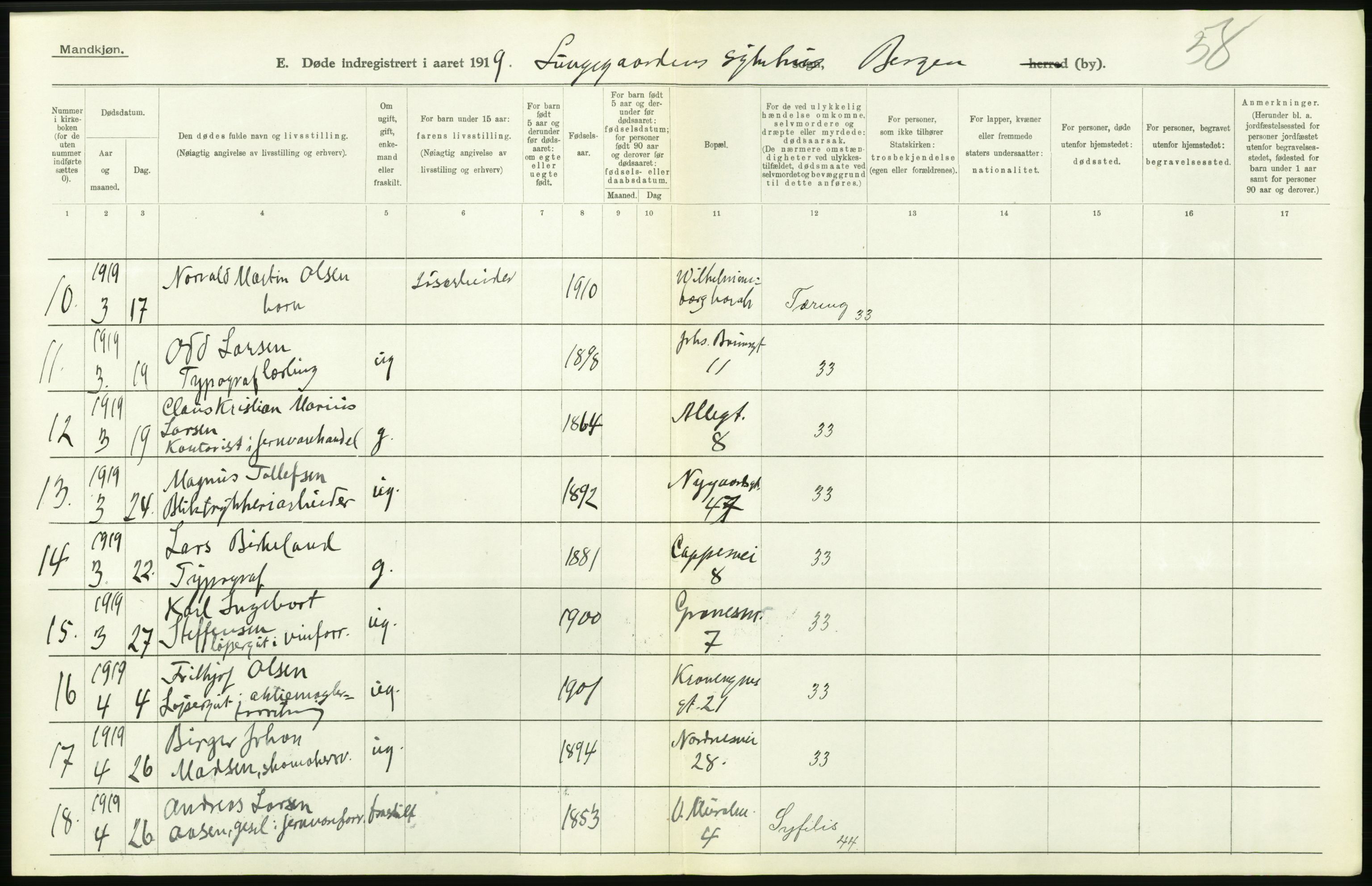 Statistisk sentralbyrå, Sosiodemografiske emner, Befolkning, RA/S-2228/D/Df/Dfb/Dfbi/L0035: Bergen: Gifte, døde, dødfødte., 1919, s. 430