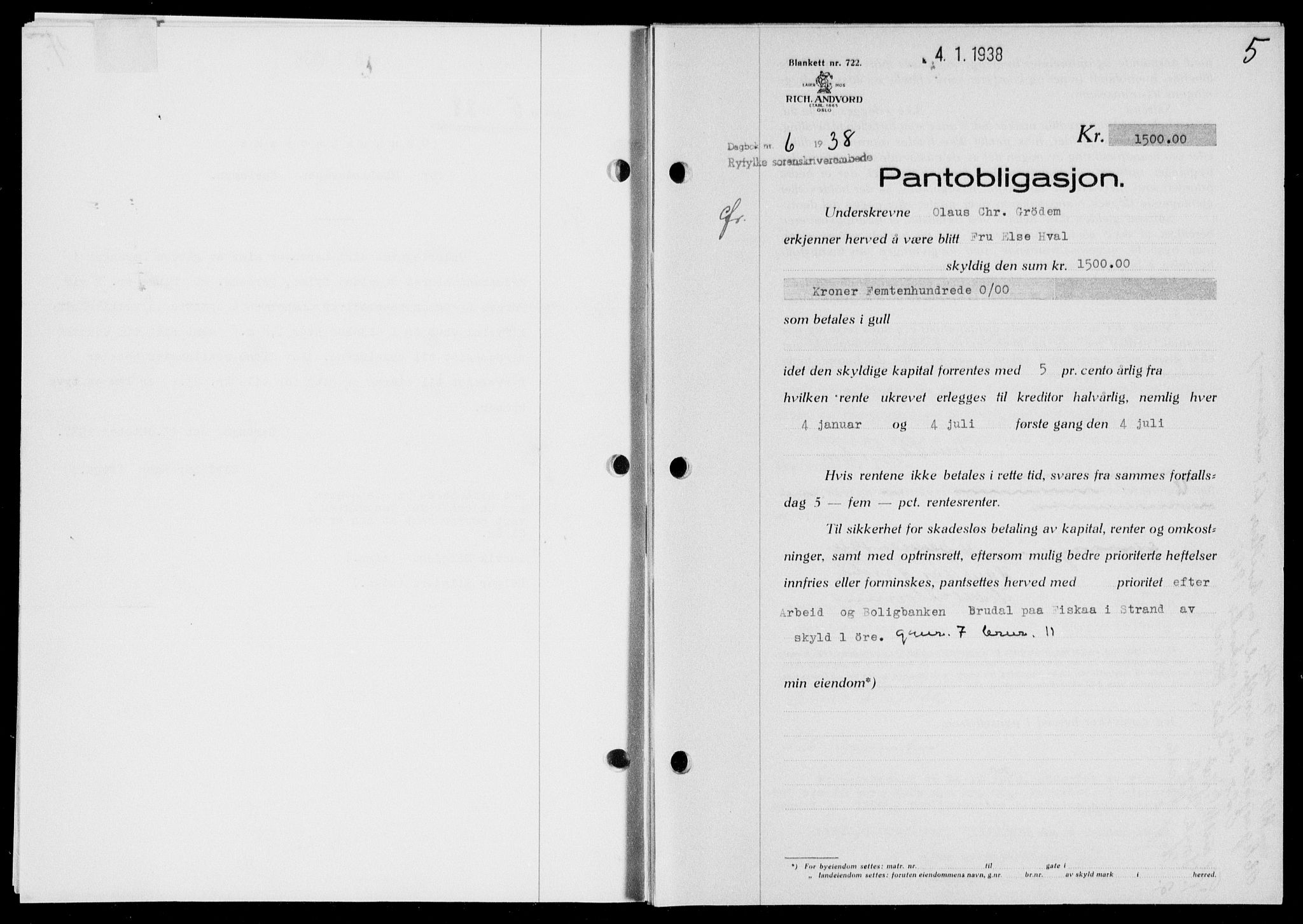 Ryfylke tingrett, SAST/A-100055/001/II/IIB/L0077: Pantebok nr. 56, 1938-1938, Dagboknr: 6/1938