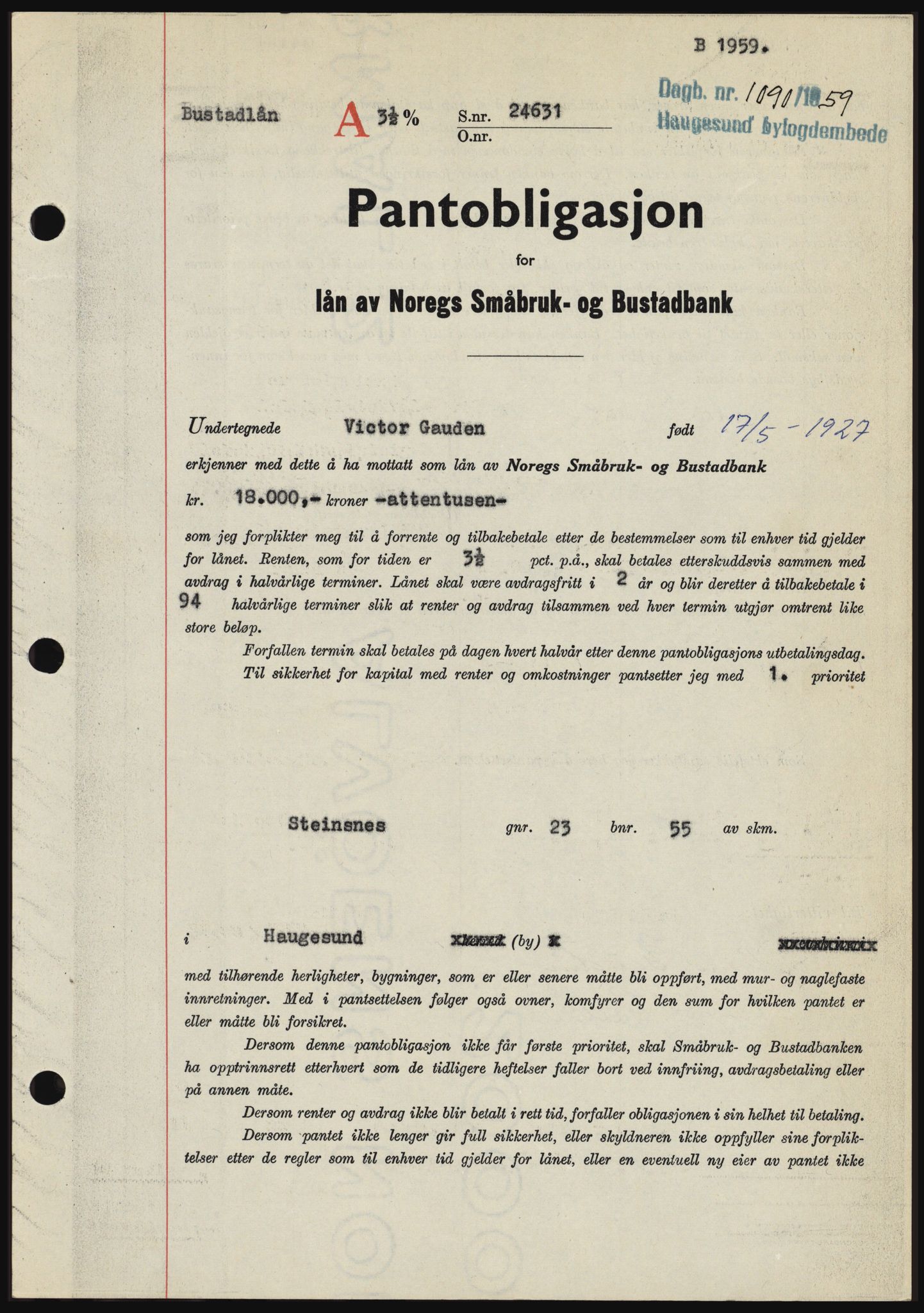 Haugesund tingrett, SAST/A-101415/01/II/IIC/L0045: Pantebok nr. B 45, 1959-1959, Dagboknr: 1090/1959