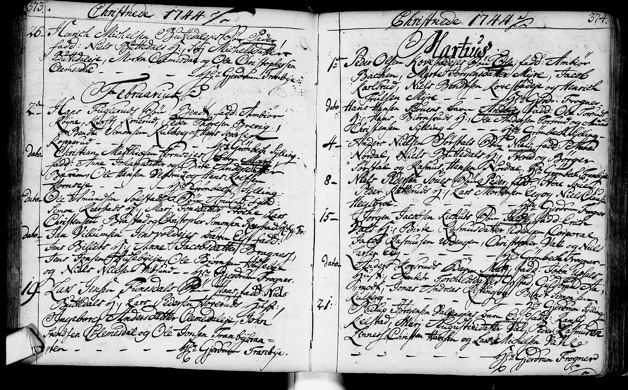 Lier kirkebøker, AV/SAKO-A-230/F/Fa/L0003: Ministerialbok nr. I 3, 1727-1748, s. 373-374