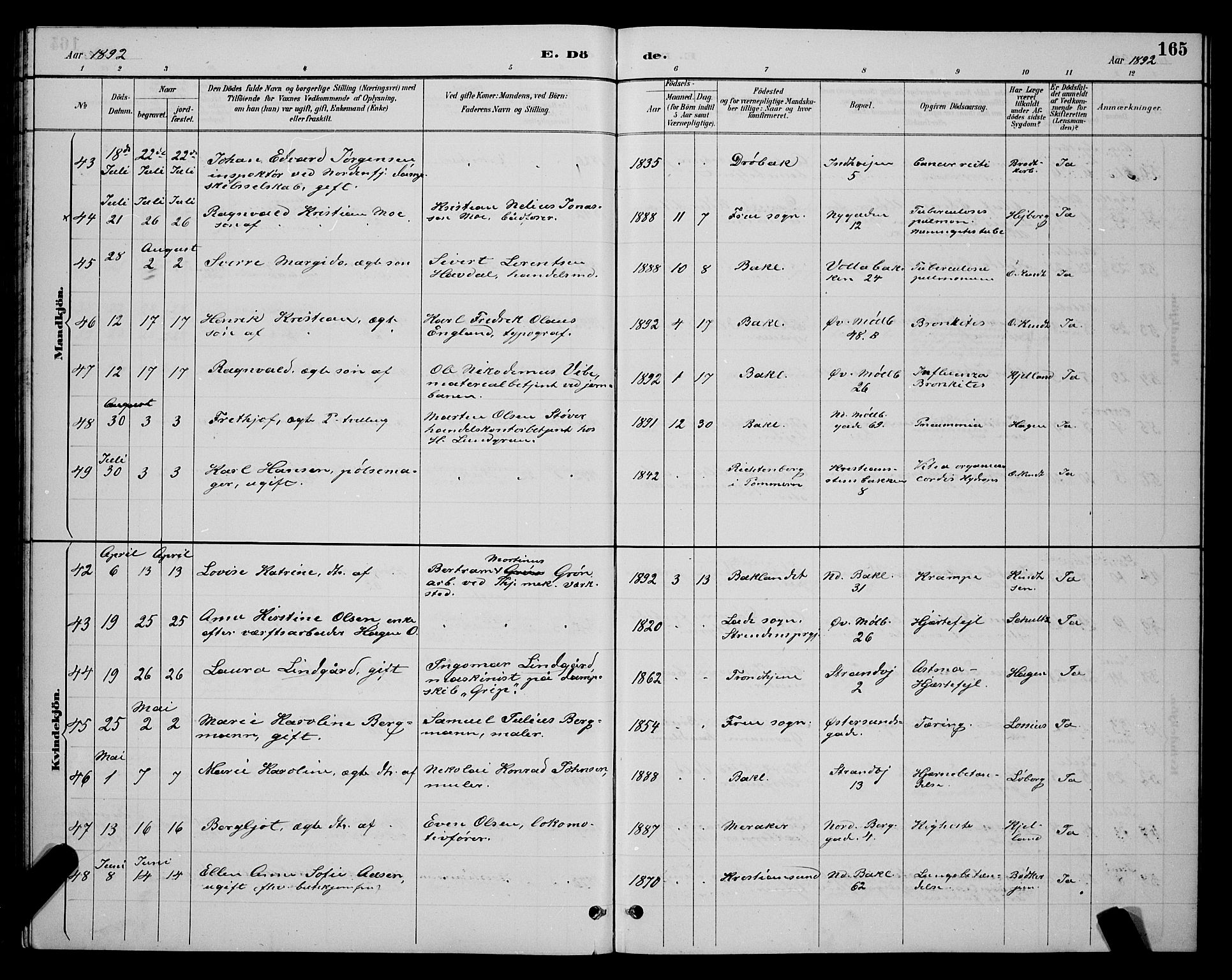 Ministerialprotokoller, klokkerbøker og fødselsregistre - Sør-Trøndelag, SAT/A-1456/604/L0223: Klokkerbok nr. 604C06, 1886-1897, s. 165